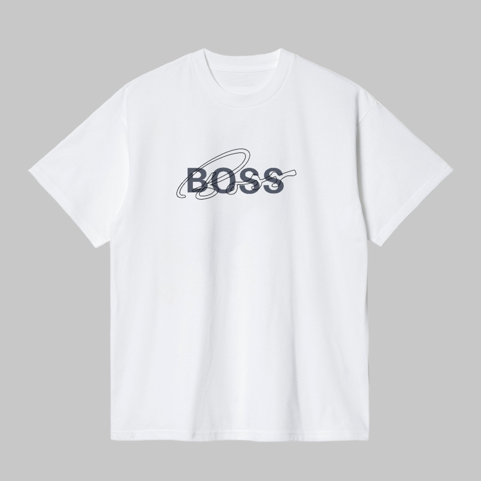 Camiseta Básica Estampa Boss Design Line Art Signature Estilosa Branco
