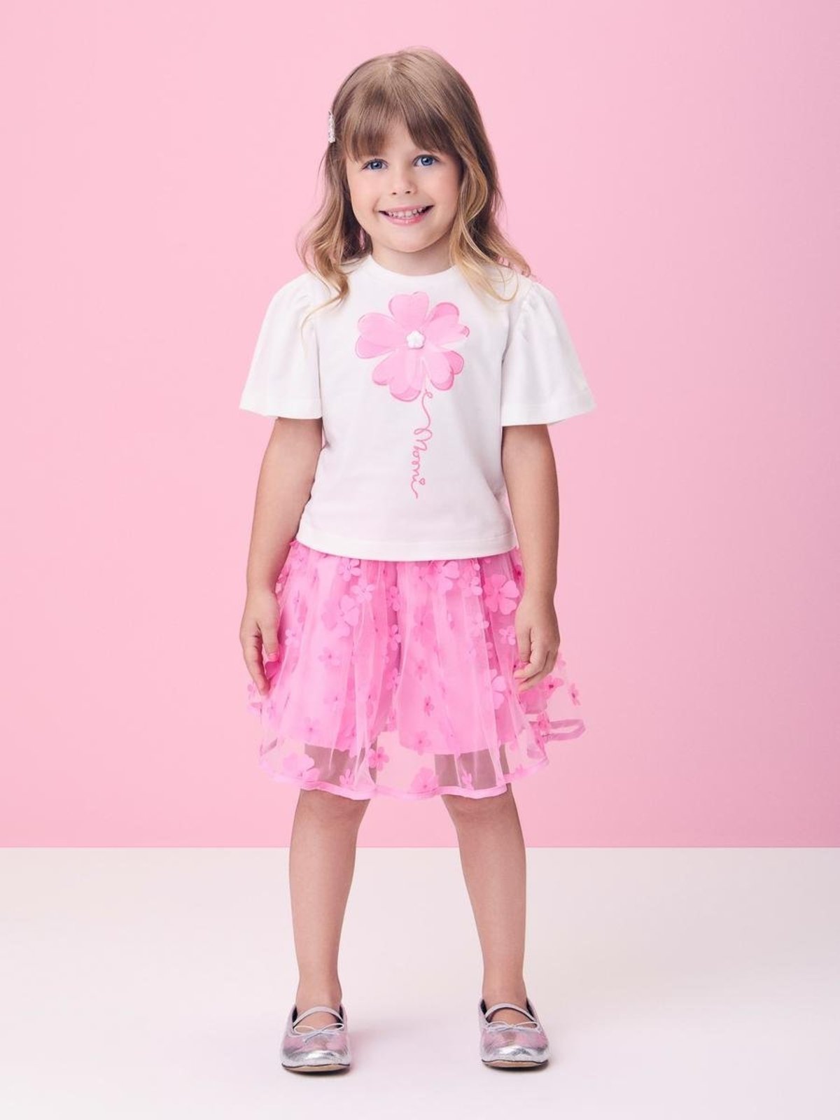 Infantil - Conjunto Rosa com Aplique de Flores