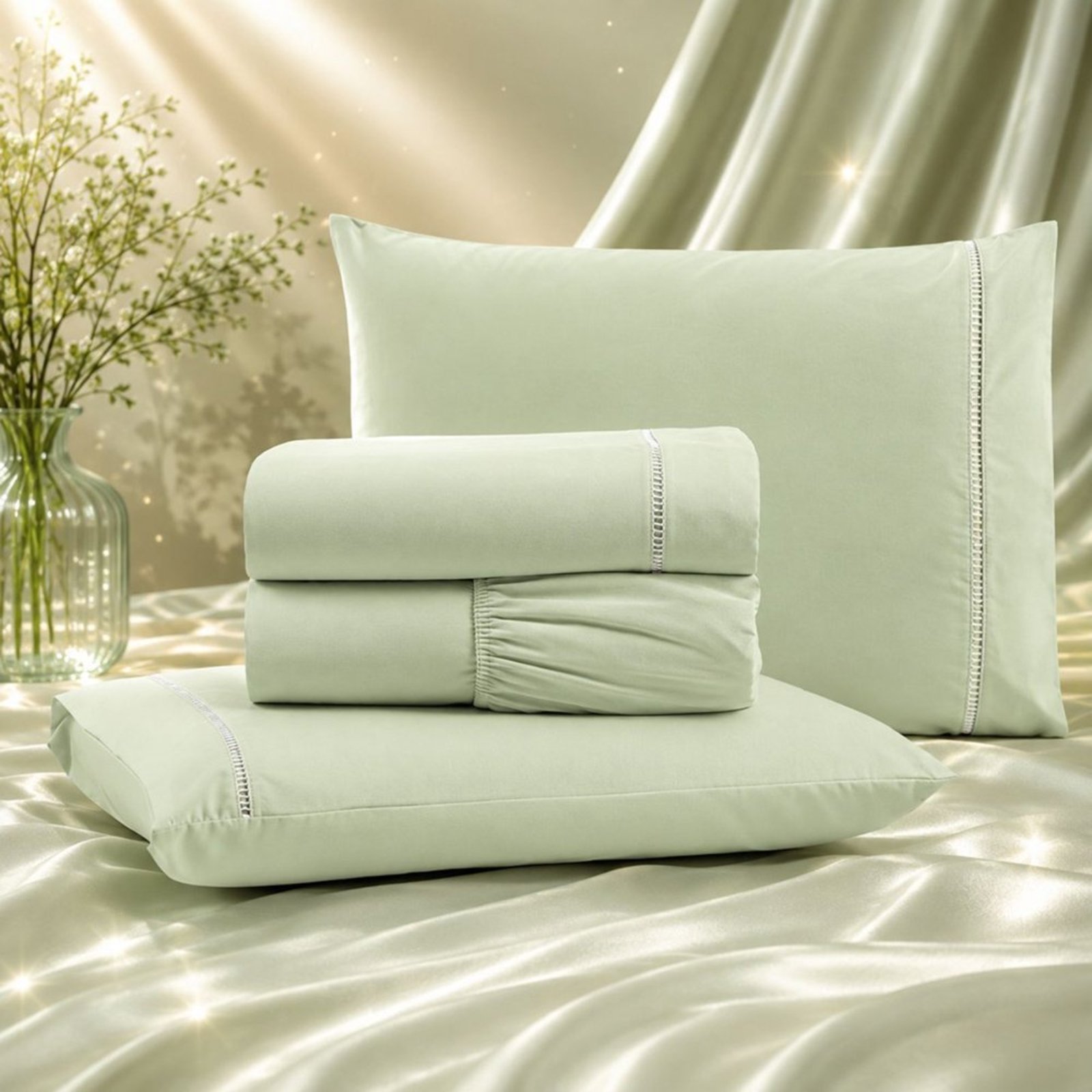 Jogo de Cama Lençol Quality Padrão Micropercal 600 fios Macio 4 Peças - Verde Claro