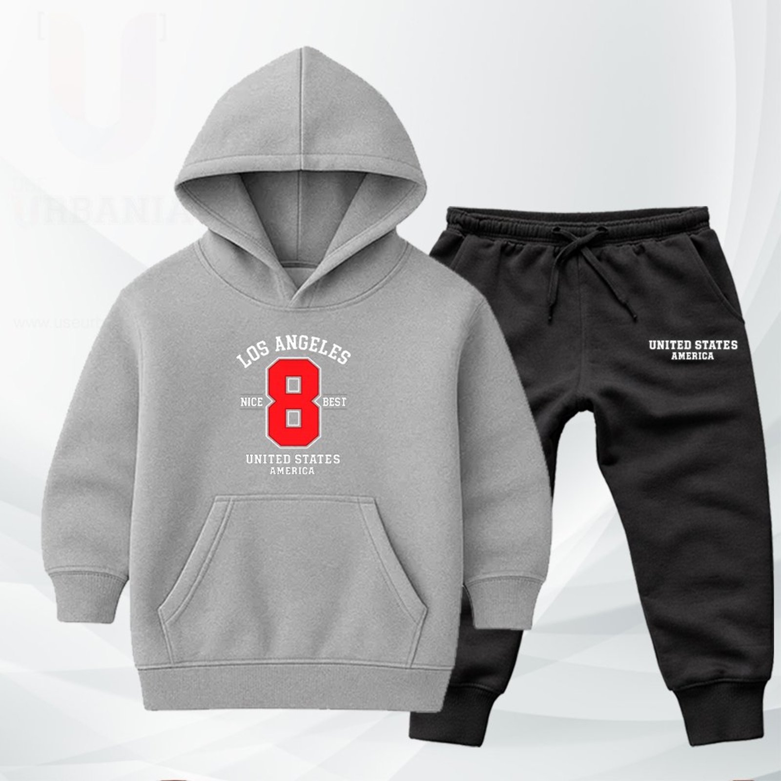 Infantil - Conjunto Moletom Urbania Moleton escola Canguru Fechado com Bolso e Capuz Cinza Claro Mescla estampa Los Angeles Nice Best United states america