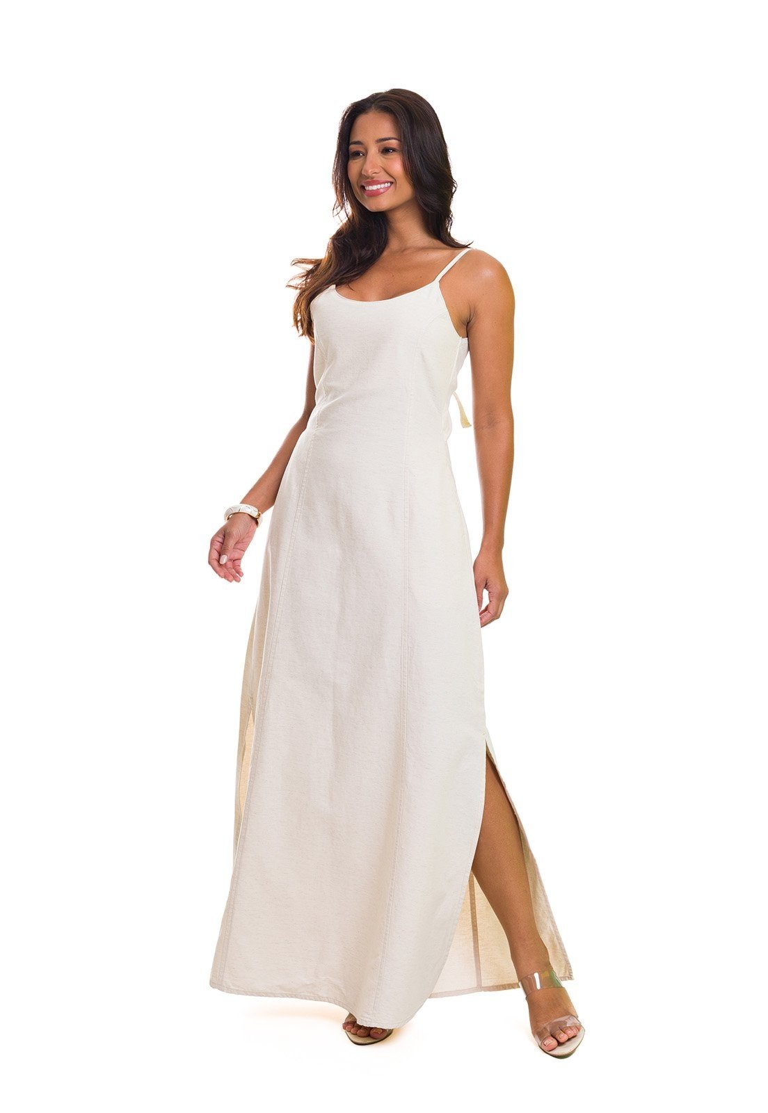 Vestido Longo Linho de Alcinha com Amarração nas Costas - Bege