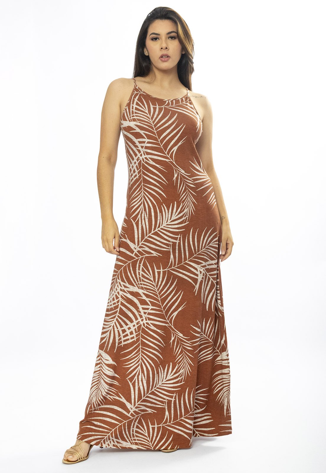 Vestido Longo Cabanafree Malha Trapézio Palmas da Terra