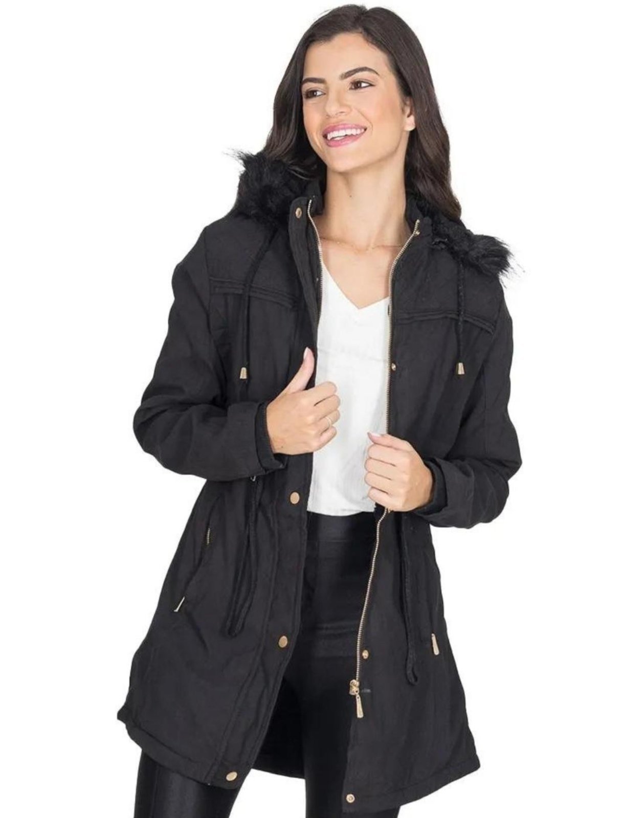 Jaqueta para Inverno Parka Sherpa Forrada com Capuz Removível Cia do Vestido Preta