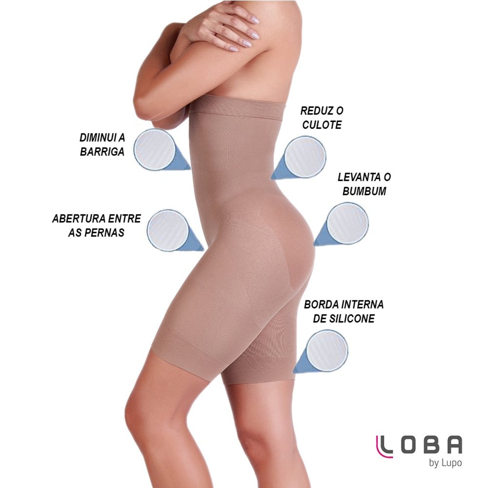 Cinta Shorts Slim Loba Diminui e Modela a Cintura Borda Interna de Silicone Pó De Arroz