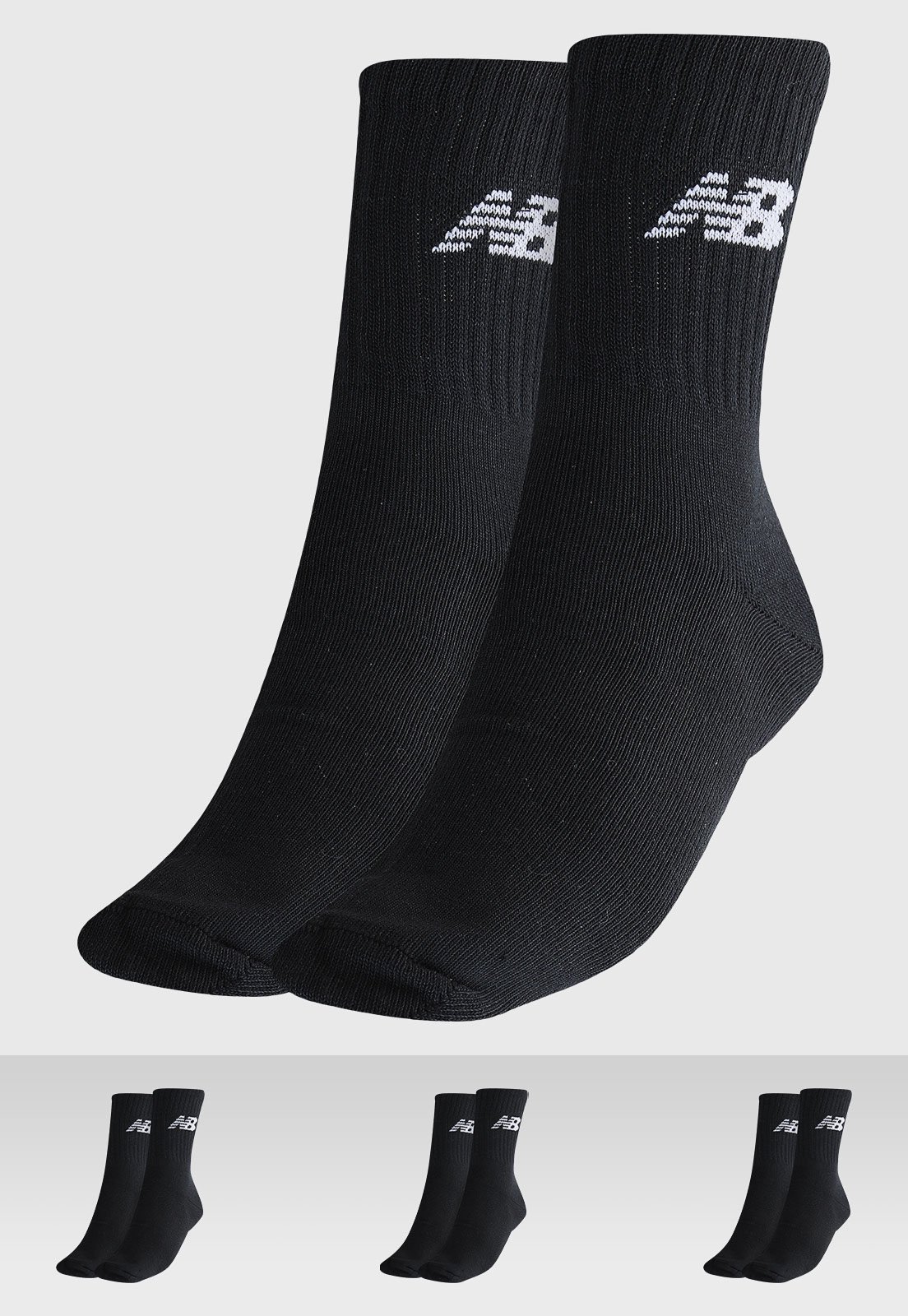 Vista 2 Kit 3pçs Meia New Balance Cano Alto Algodão Preta preto New Balance preto