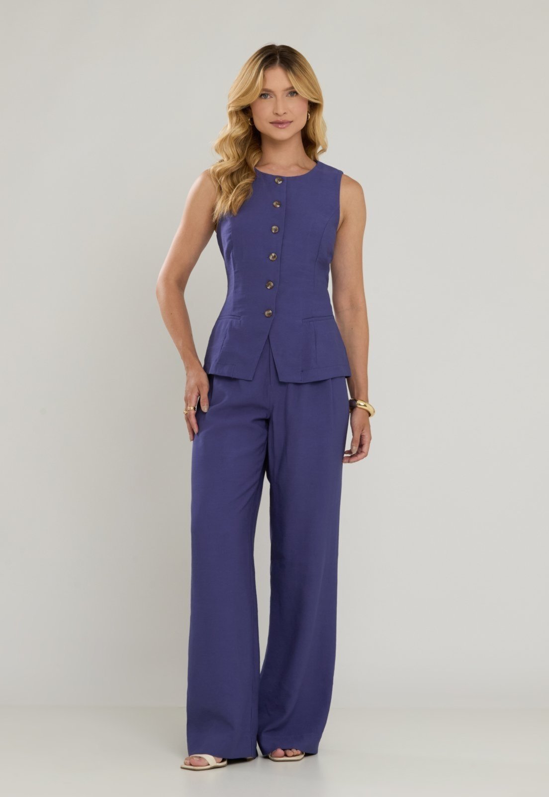 Conjunto Colete Calça Miss Joy 8420-22 Crepe Slub Azul Denim