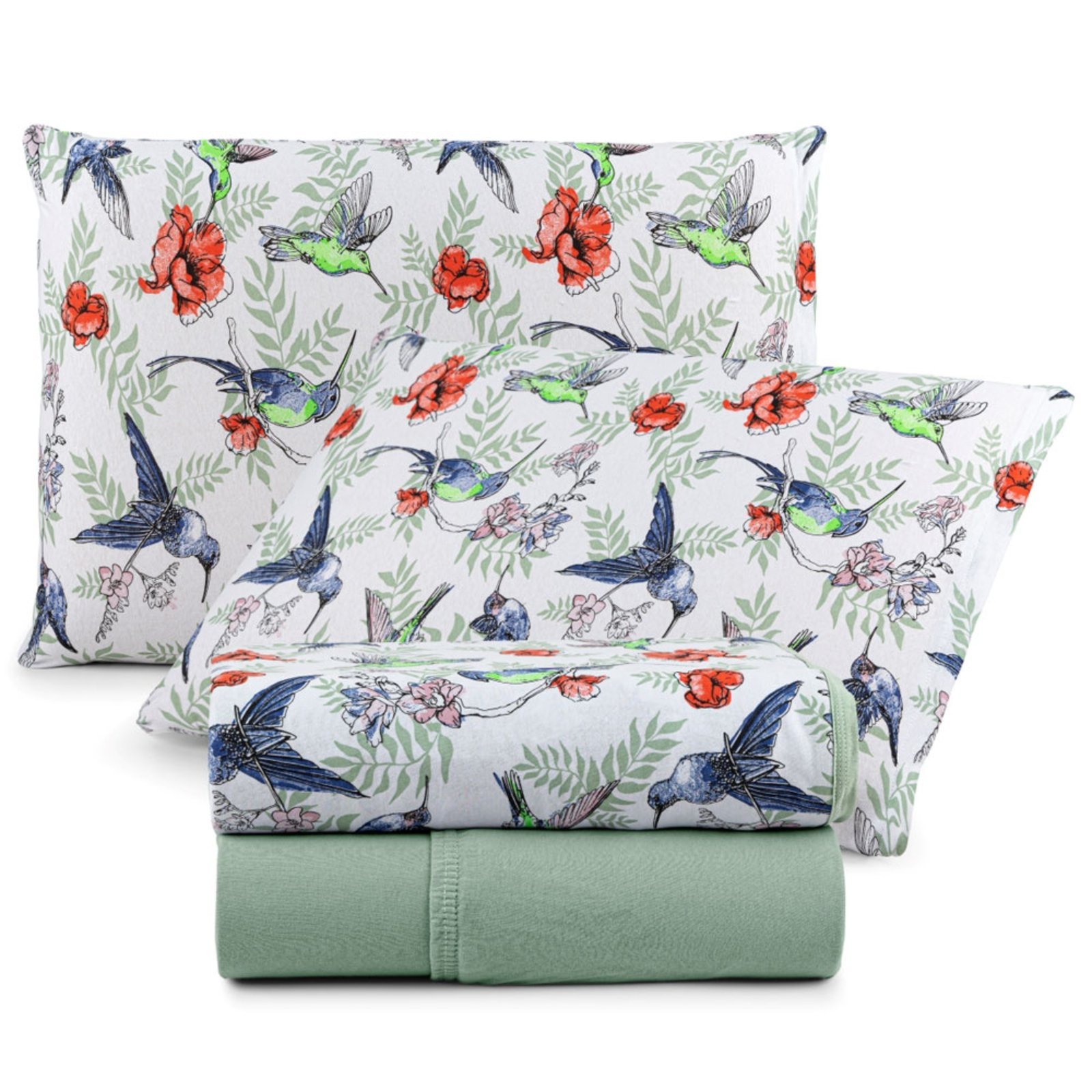 Jogo Cama Lençol Casa Scarpa Sonnet King Malha Estampada Algodão 4 Peças - Beija Flor - Verde