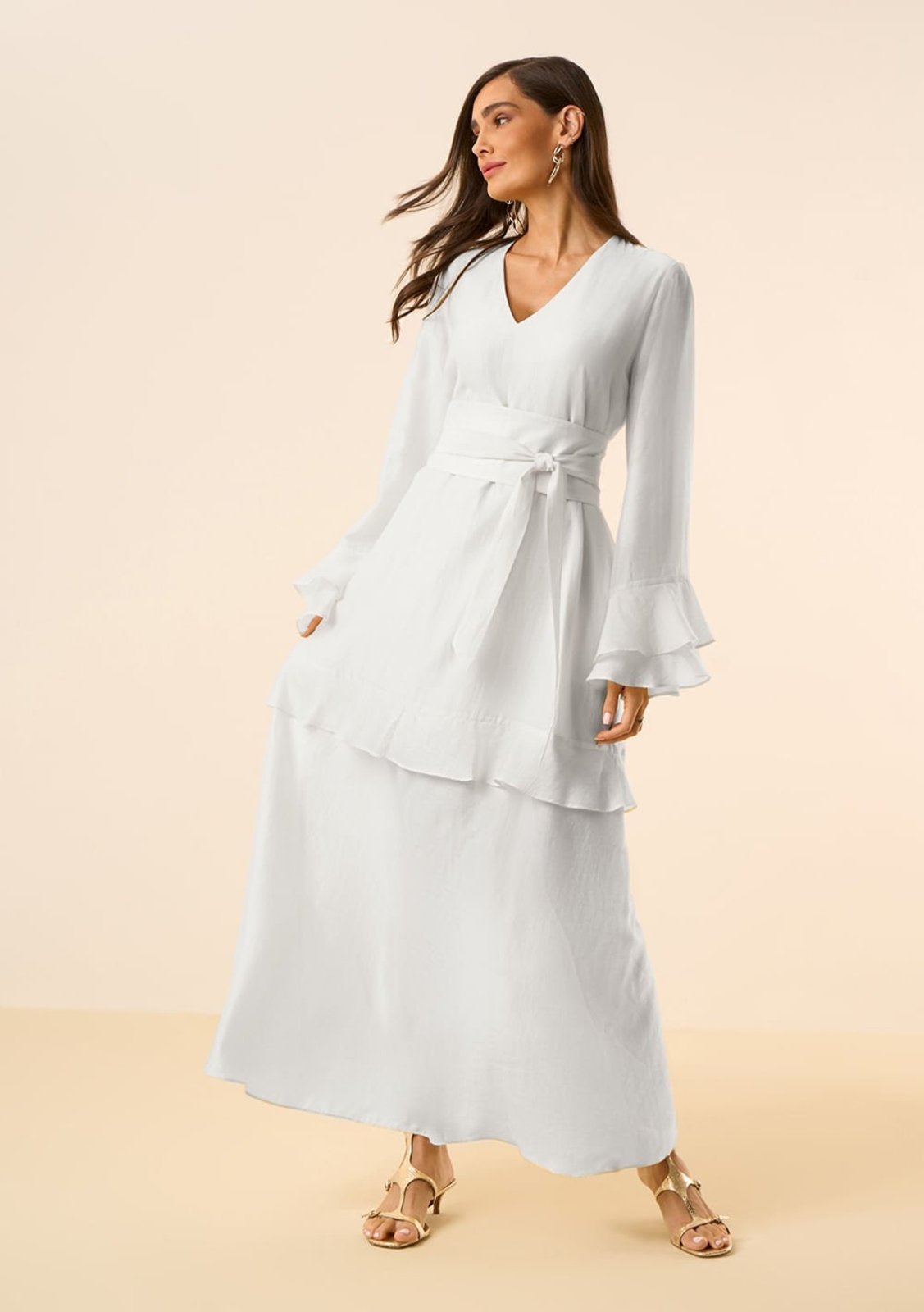 Vista 2 Vestido Maria Valentina Solto Decote V Manga Longa Longo bege Maria Valentina bege