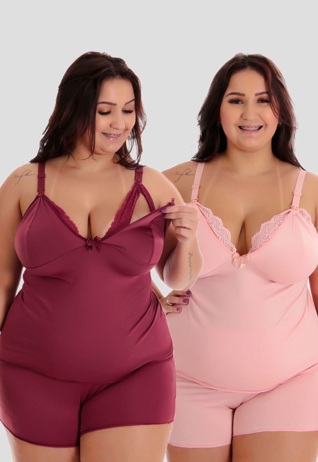 Kit 2 Baby Doll Amamentação Plus Size Pós Parto Gestante Rosa e Vinho