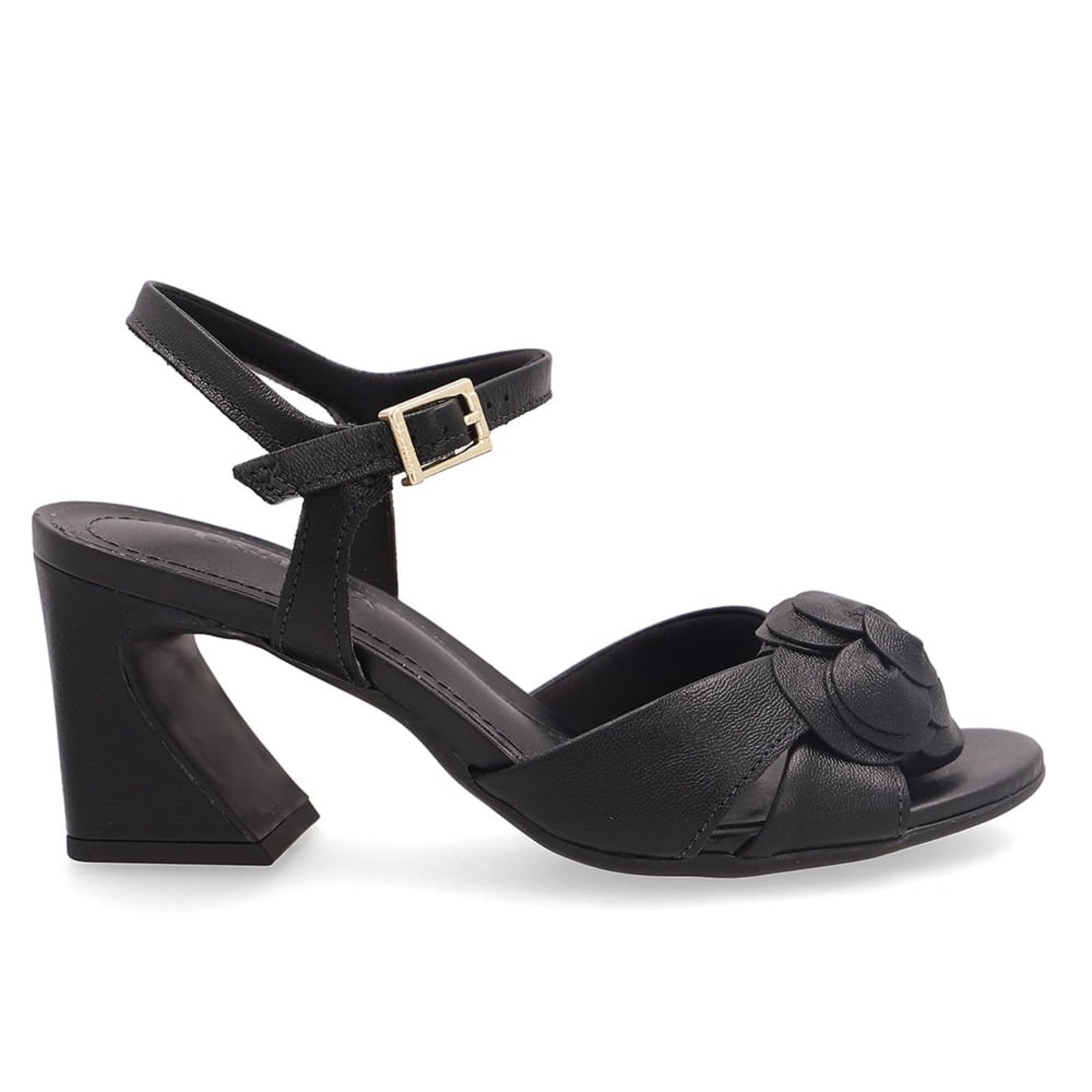Sandália Em Couro Preto Com Enfeite Floral