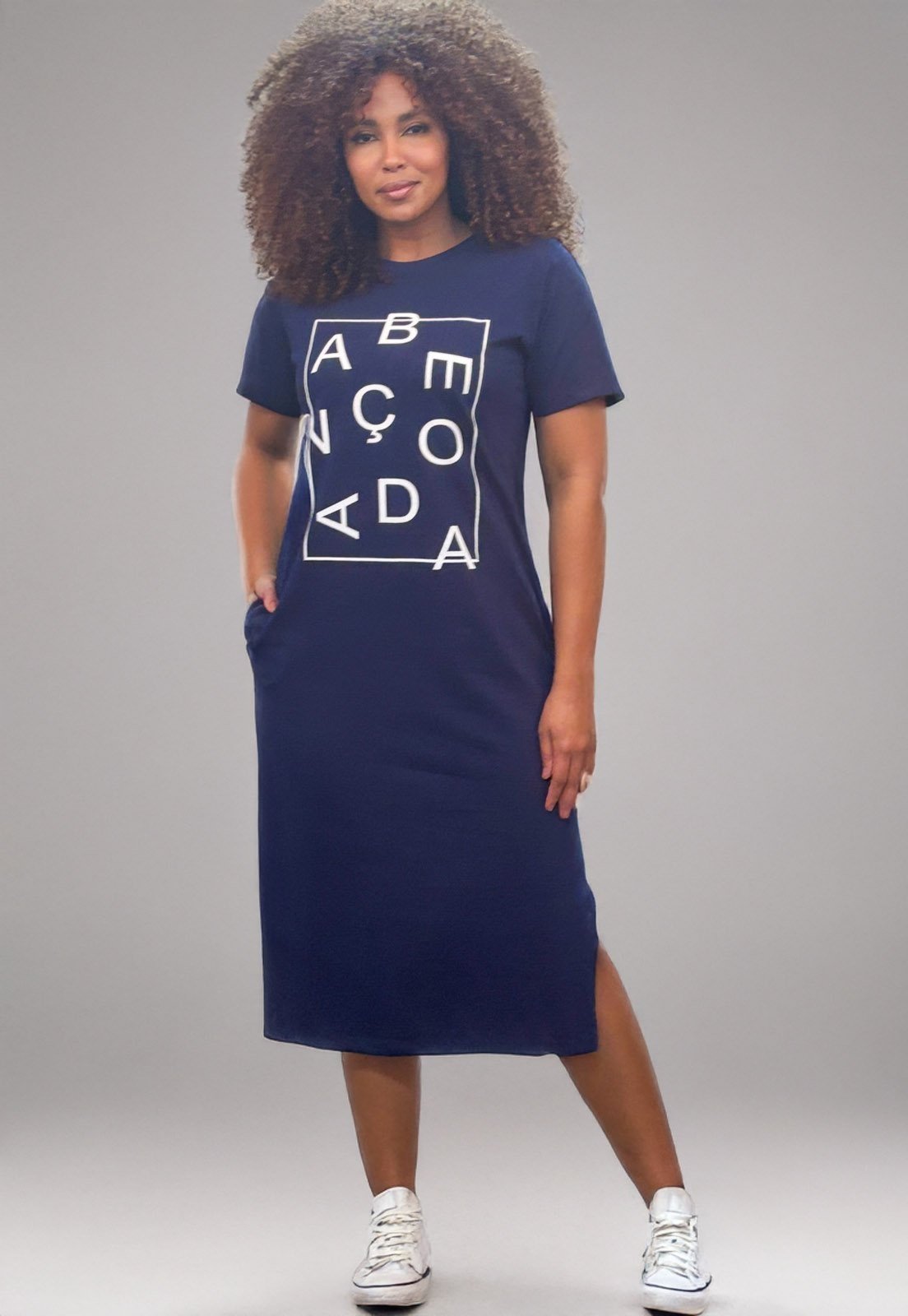 Vestido Cabanafree Midi Algodão Manga Curta Moda Evangélica Azul Marinho