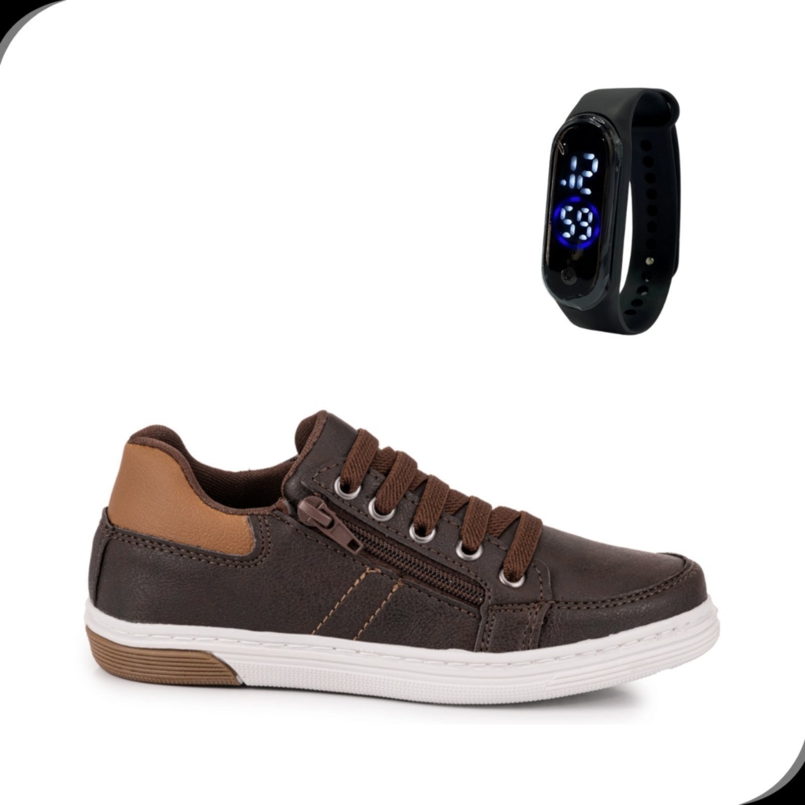 Infantil – Kit Tenis Sapatênis Leve Macio Ziper Lateral Rovetto Com Relógio Digital