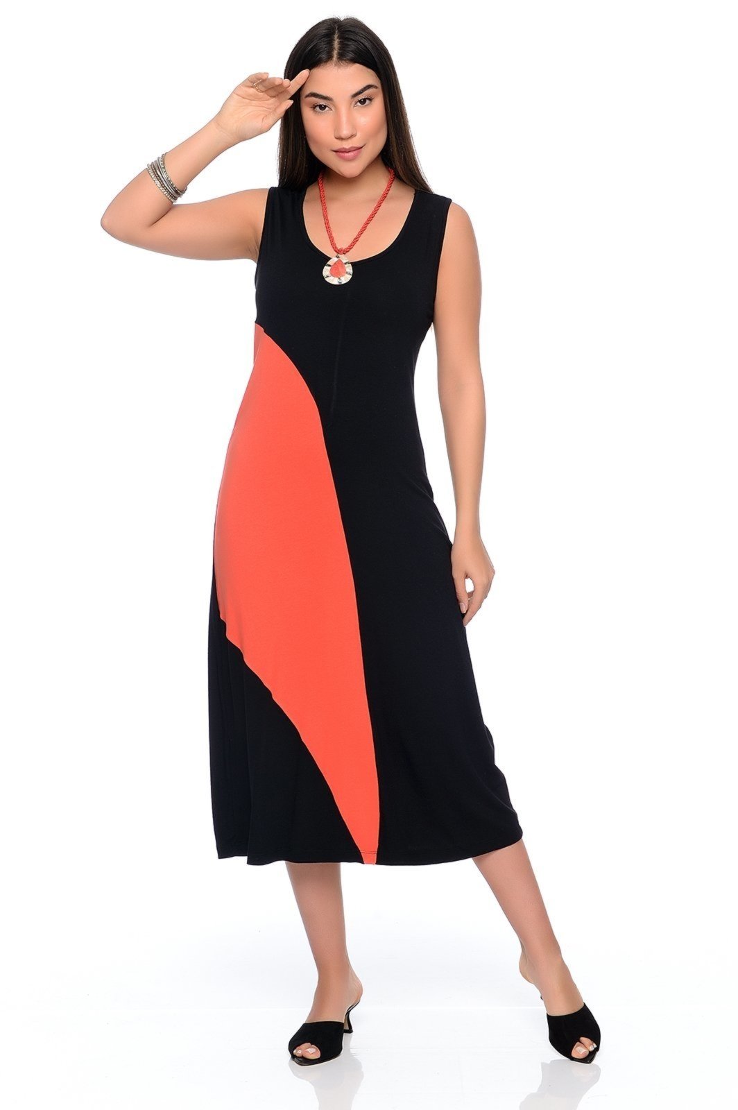 Vestido Midi Alça Larga Regata com Recorte B’Bonnie Lady Preto/Coral