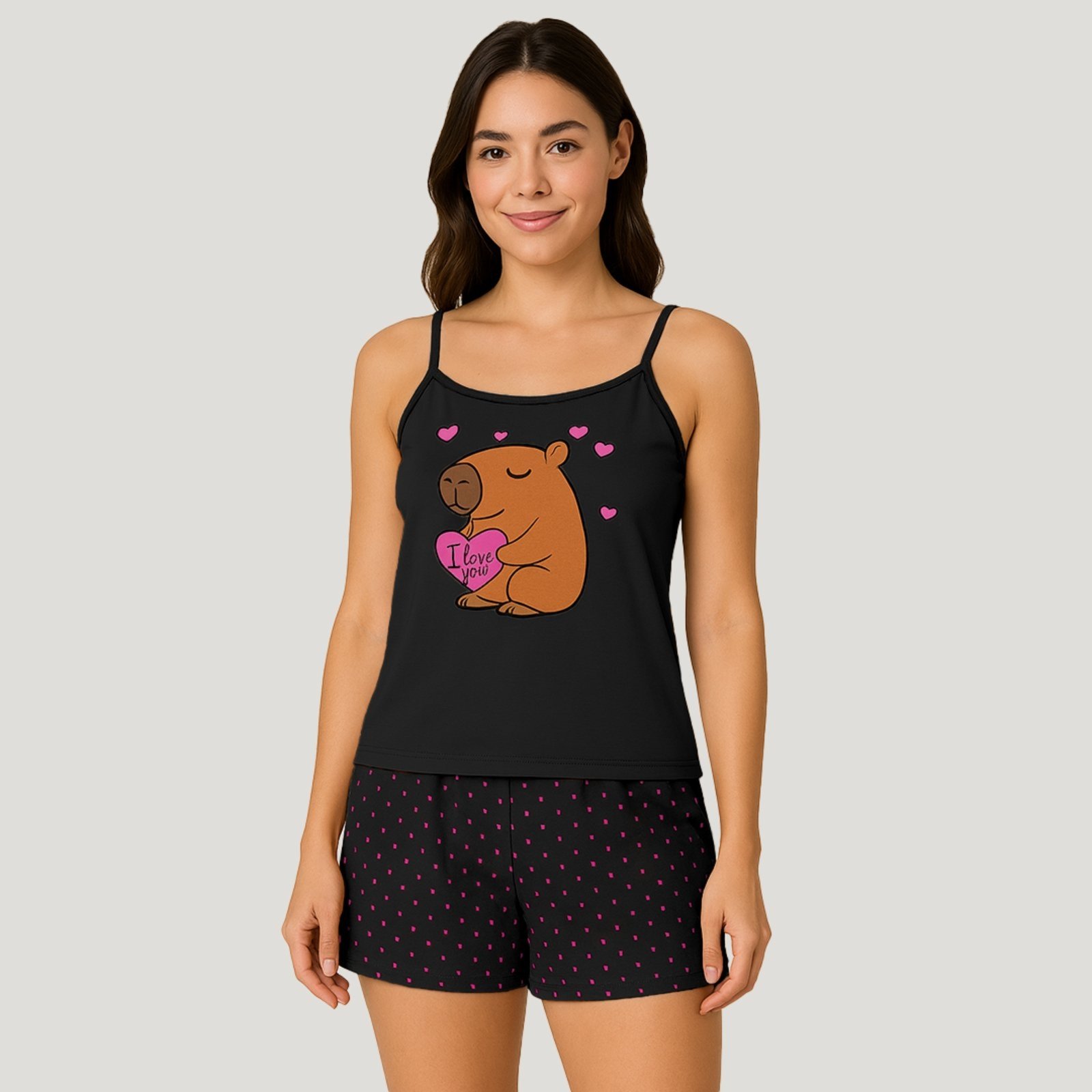 Conjunto de Verão Gabi Lingerie Capivara Baby Doll Elegante Alcinha Estampado Pijama Sensual Preto