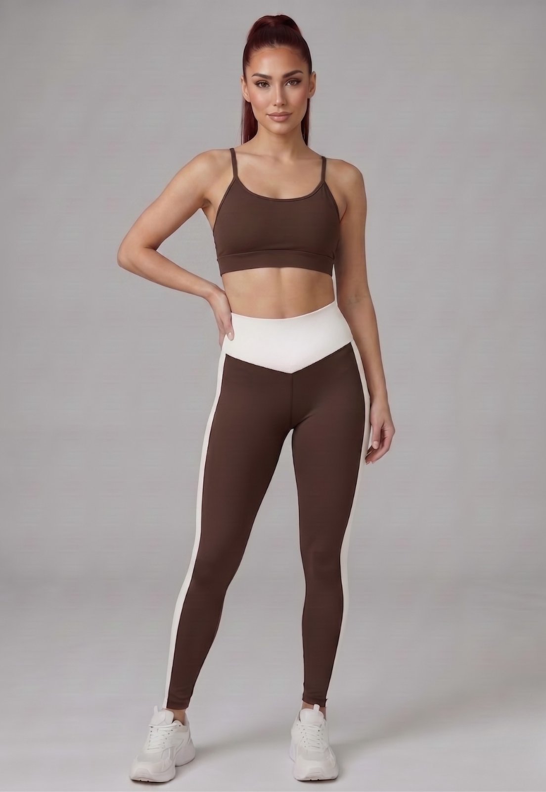 Conjunto Fitness Vekyo Feminino Academia Bicolor Top e Legging Tecido Conforto Premium Marrom