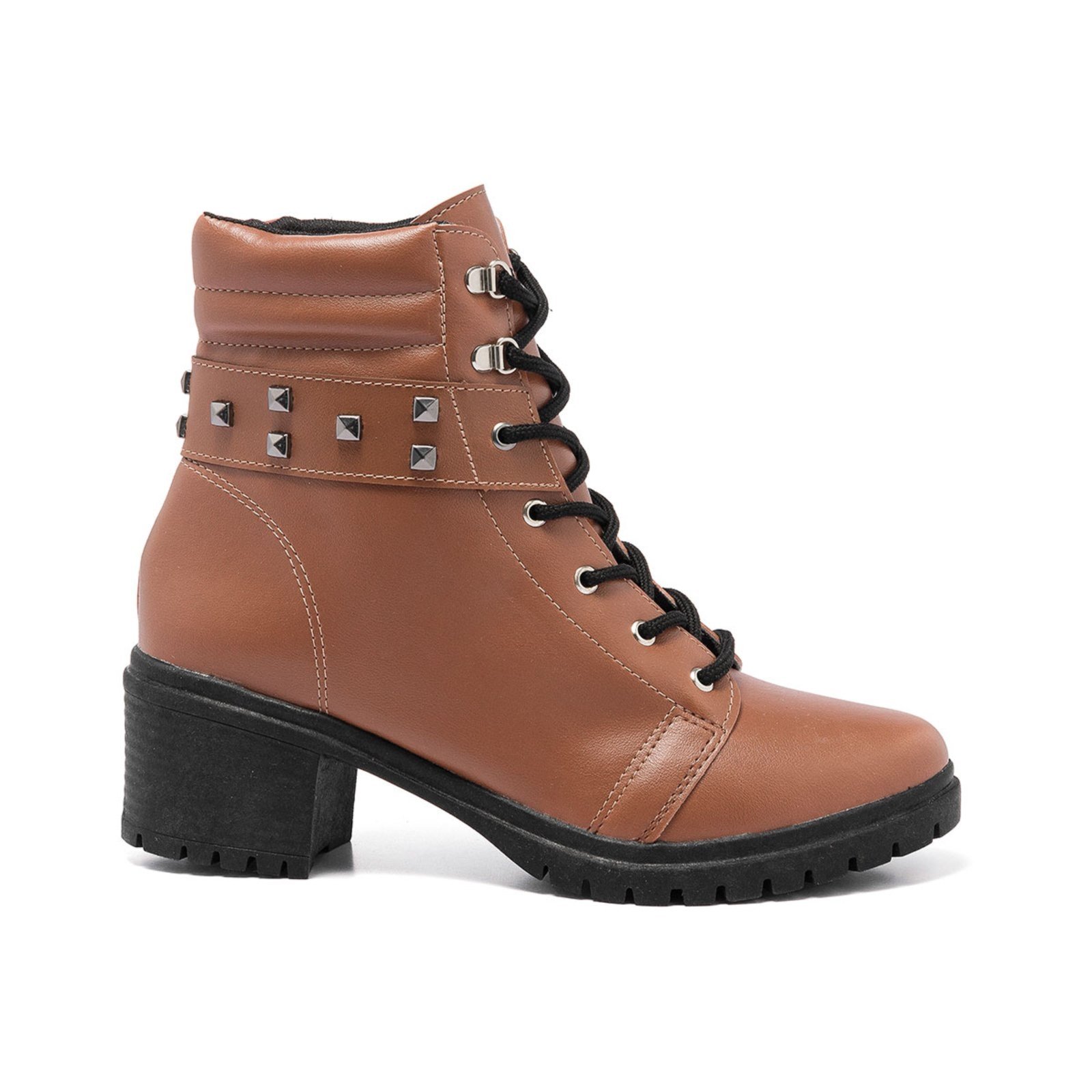 Coturno Stessy Shoes Bota Feminina Cano Baixo Salto Tratorada Estilosa Caramelo
