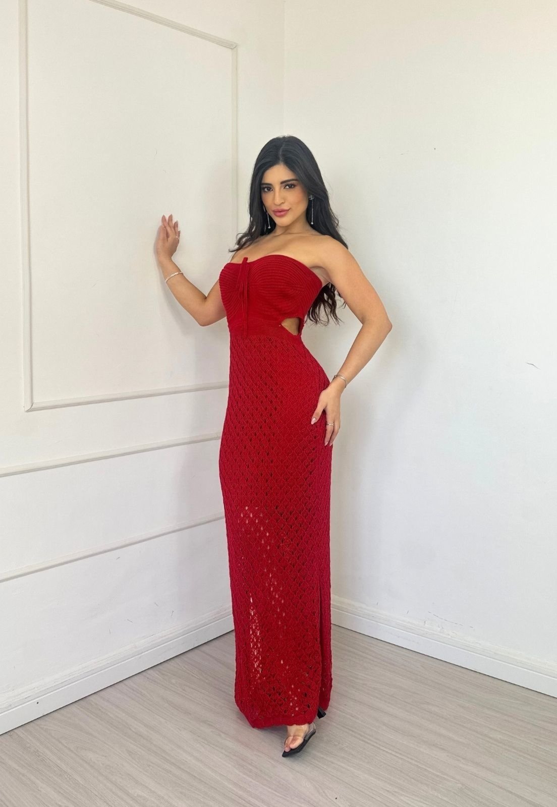 Vestido Longo Tricôt Tomara que caia Abertura Lateral Benessi Vermelho