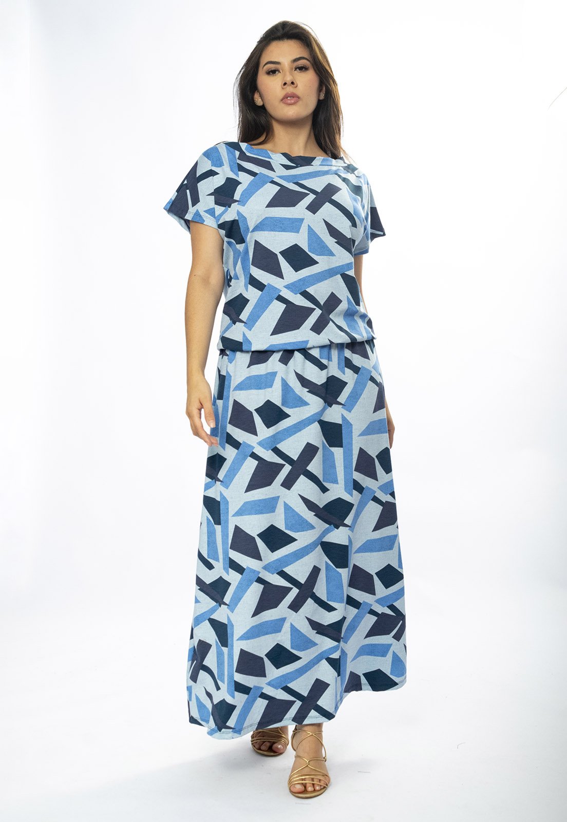 Vista 2 Vestido Longo Amazônia Vital Morcego Malha Estampa Caminhos de Azul Amazonia Vital azul marinho/estampado