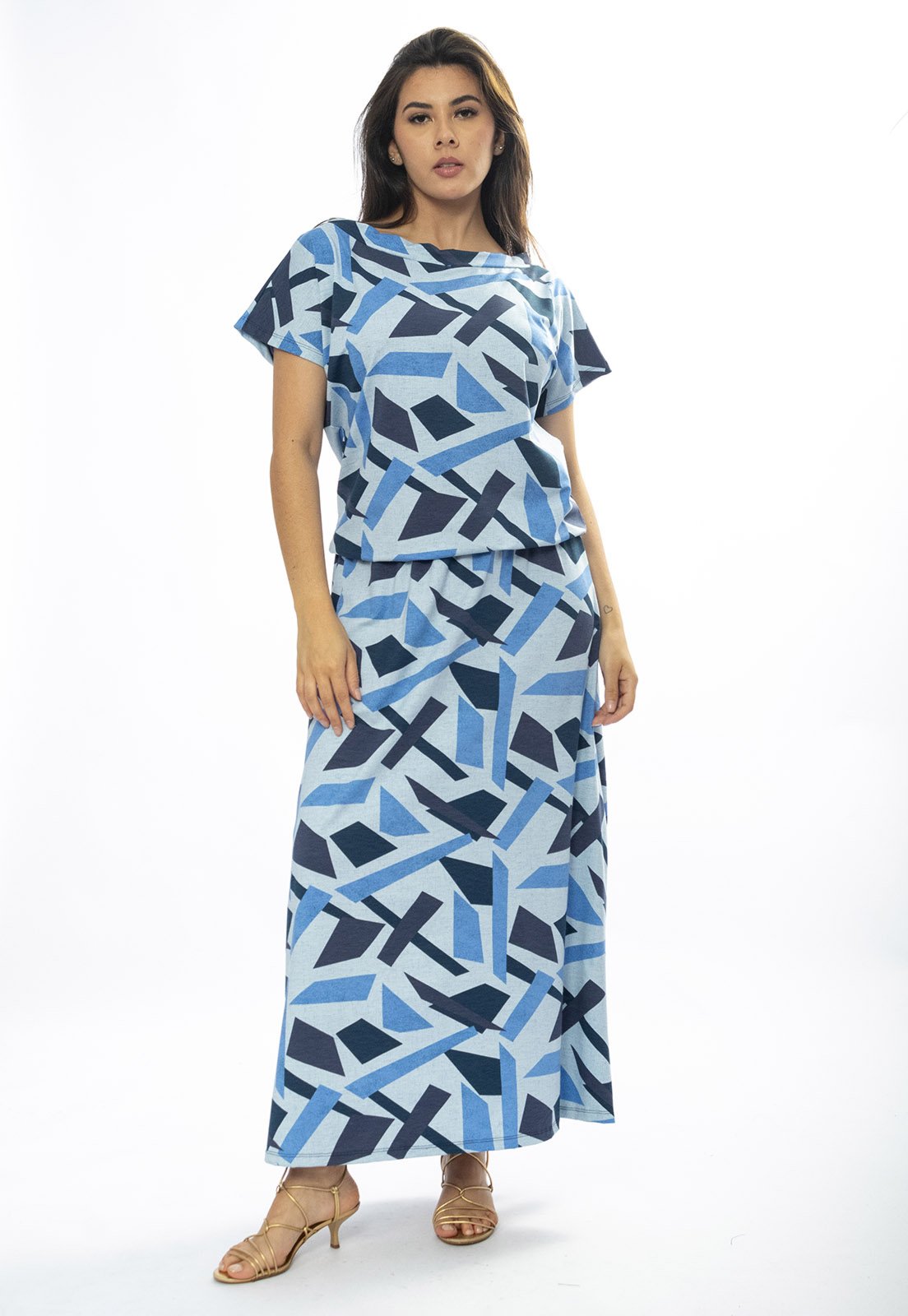 Vista 3 Vestido Longo Amazônia Vital Morcego Malha Estampa Caminhos de Azul Amazonia Vital azul marinho/estampado