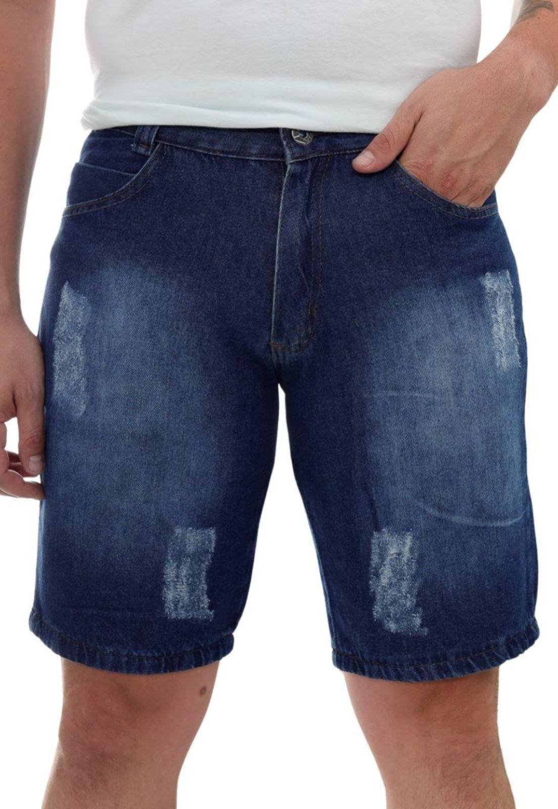 Bermuda Jeans Masculina Estilo Renovado Básica Lavagem Escura Detalhes Puídos Moda Premium