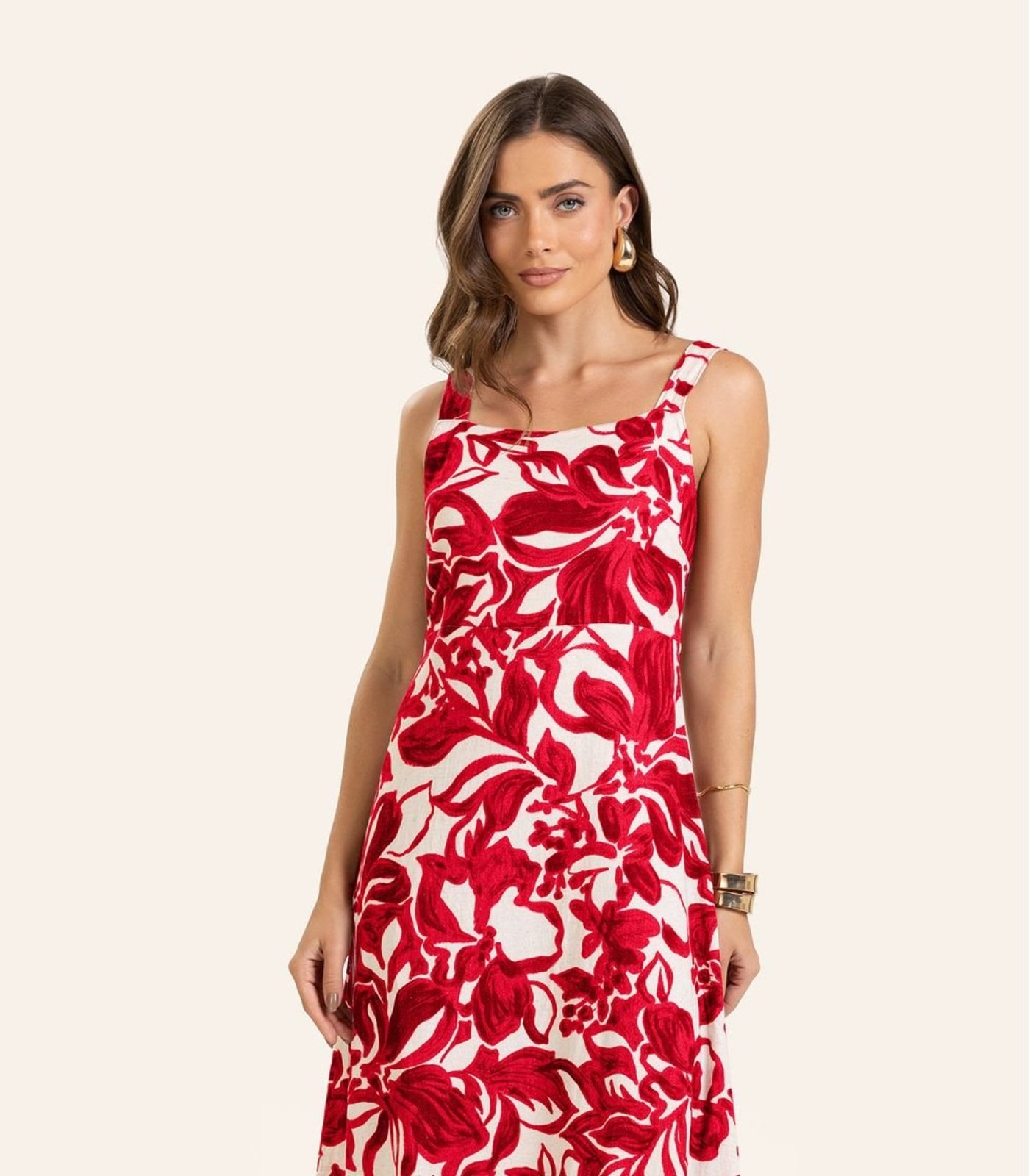 Vista 3 Vestido Midi em Linho Feminino Endless vermelho Endless vermelho