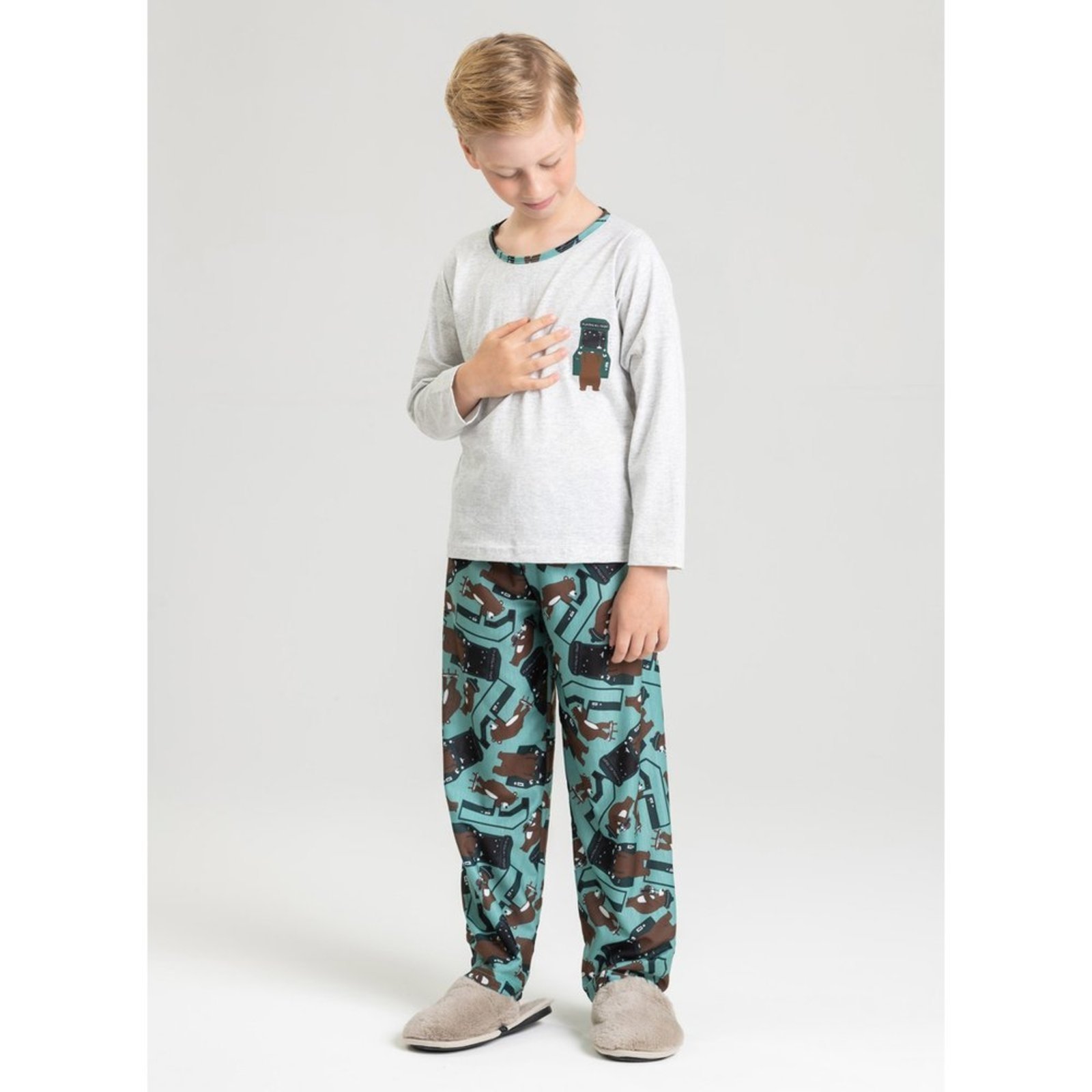 Pijama Longo Mescla Menino Urso Na Máquina de Jogo
