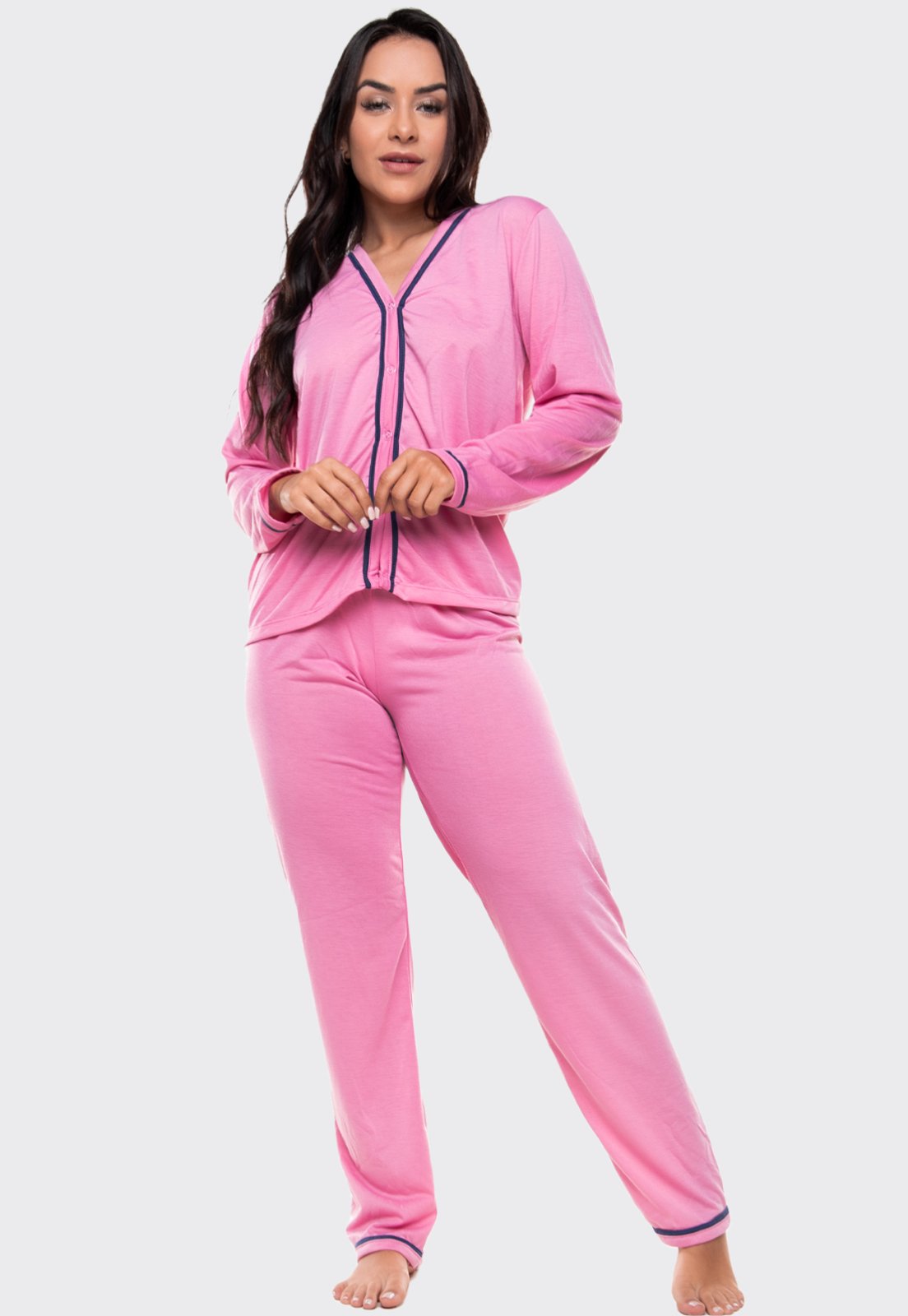 Pijama Feminino Longo 4 Estações de Botão Amamentação Pijama Gestante Pijama Americano Maternidade Rosa Claro