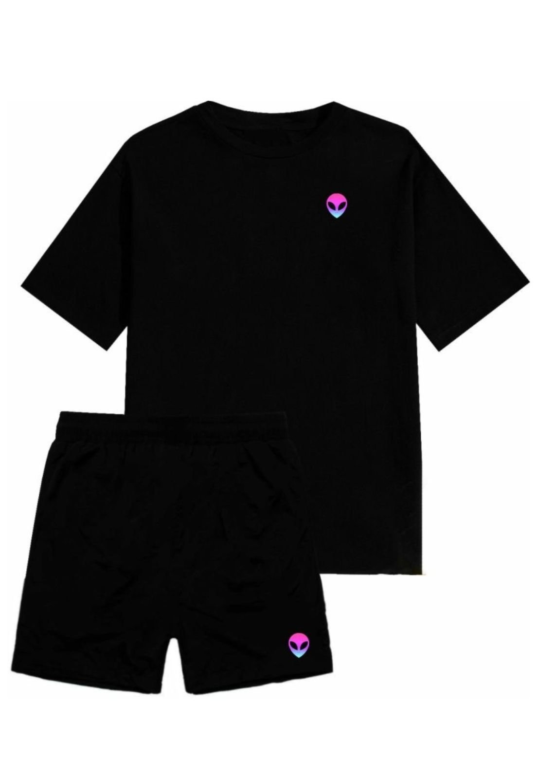 Conjunto Verão Moda Praia Camiseta Algodão Short Tactel Alien