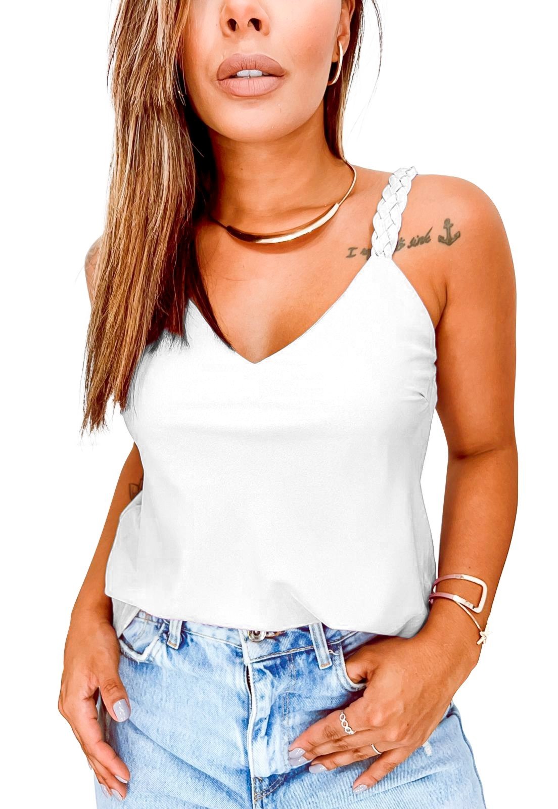 Vista 3 Regata Soltinha Ywc Ind Básica Duna Alça Trançada Fresquinha Verão Branco rosa YWC ind rosa