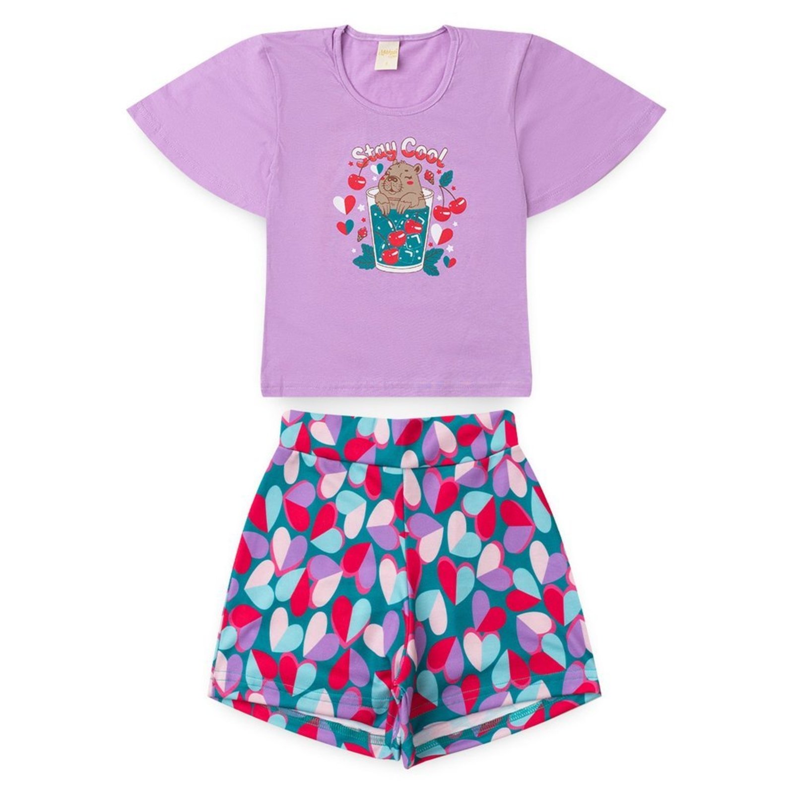 Infantil - Conjunto Verão Menina Lilás T-shirt Over com Babado e Shorts Capivarinha
