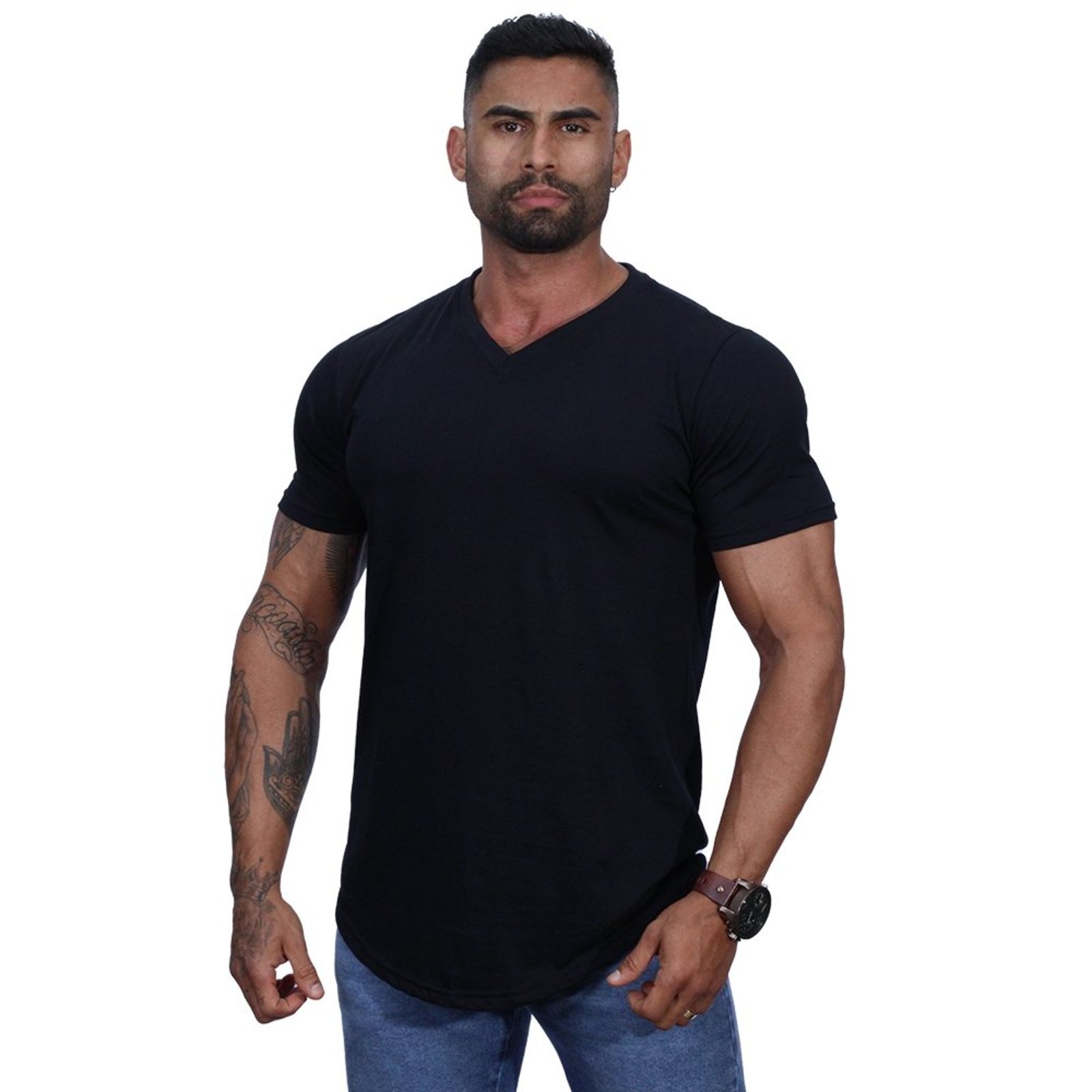 Camiseta Longline Decote V Masculina MXD Conceito 100% Algodão 30.1 Penteado PIMA-USA Preto