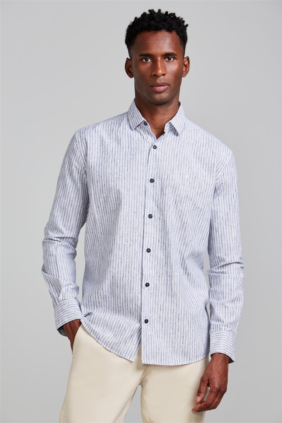 HIGHSTIL Camisa Slub Comfort Listrada - Azul Médio