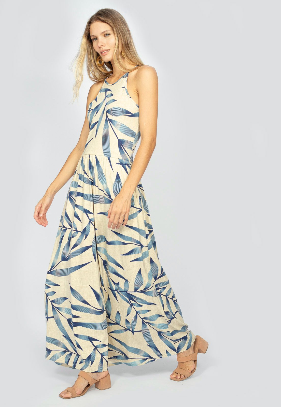 Vestido Longo Jennifer Malha Amazonia Vital Trapézio com Bolso Bambu Azul