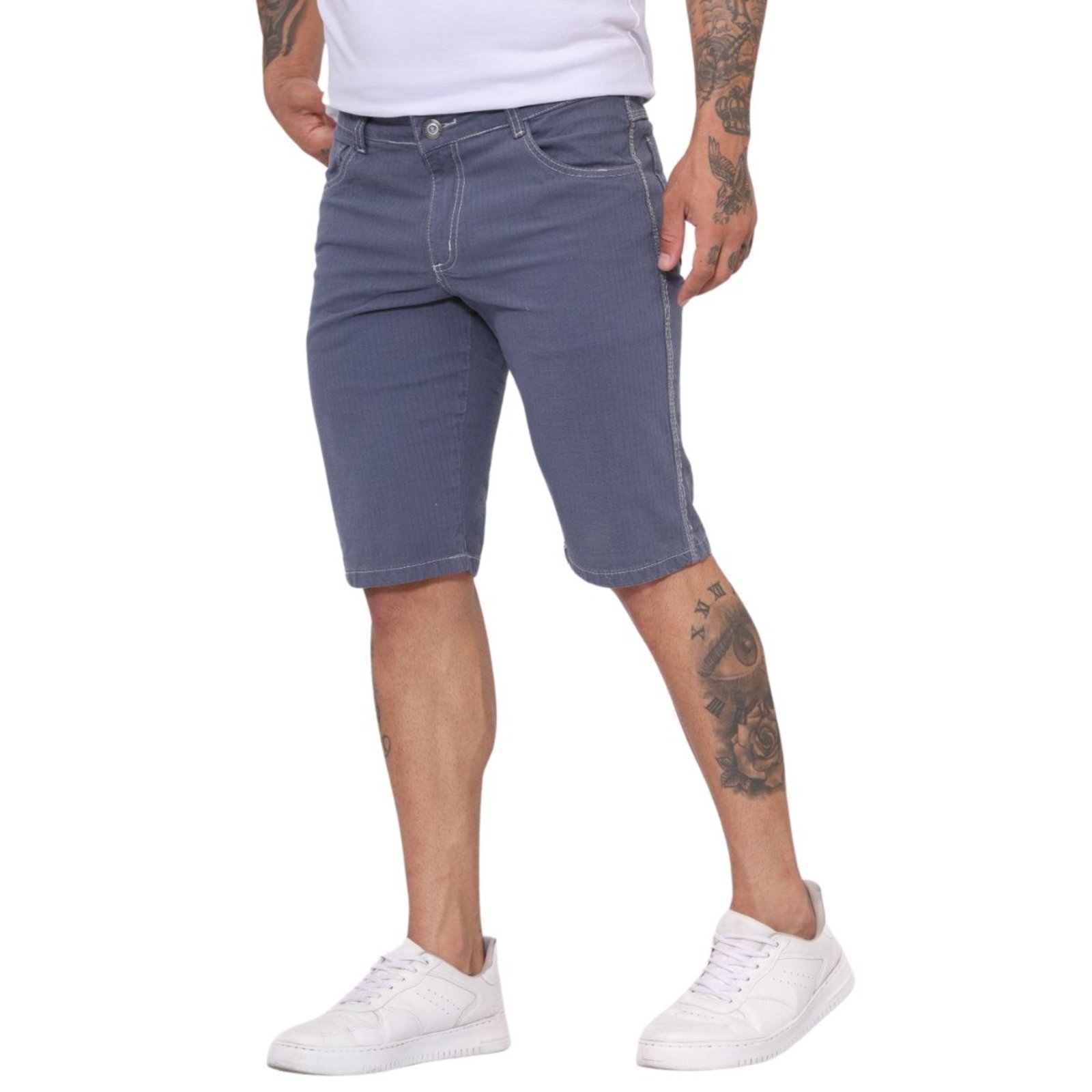 Short Bermuda Masculina Jeans Light Cinza com Linha Branca