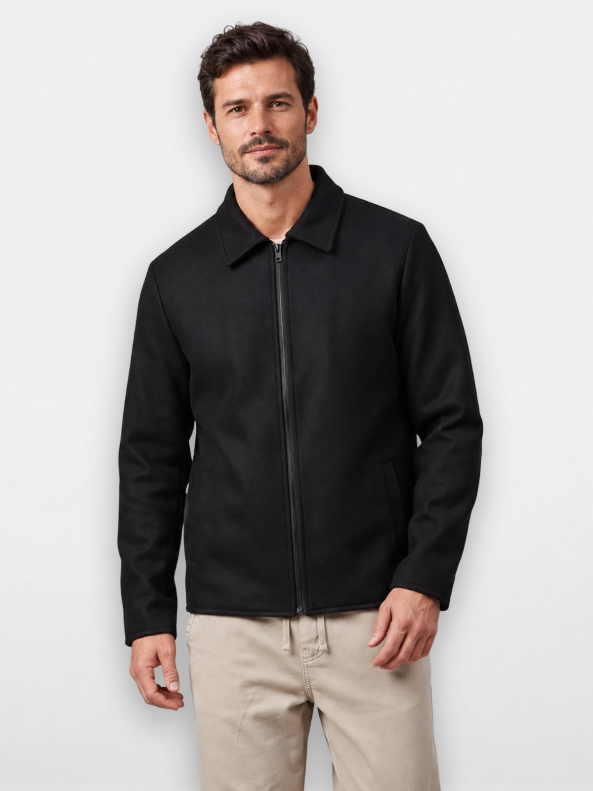 Casaco Masculino Pompier em Lã Batida com Zíper Preto