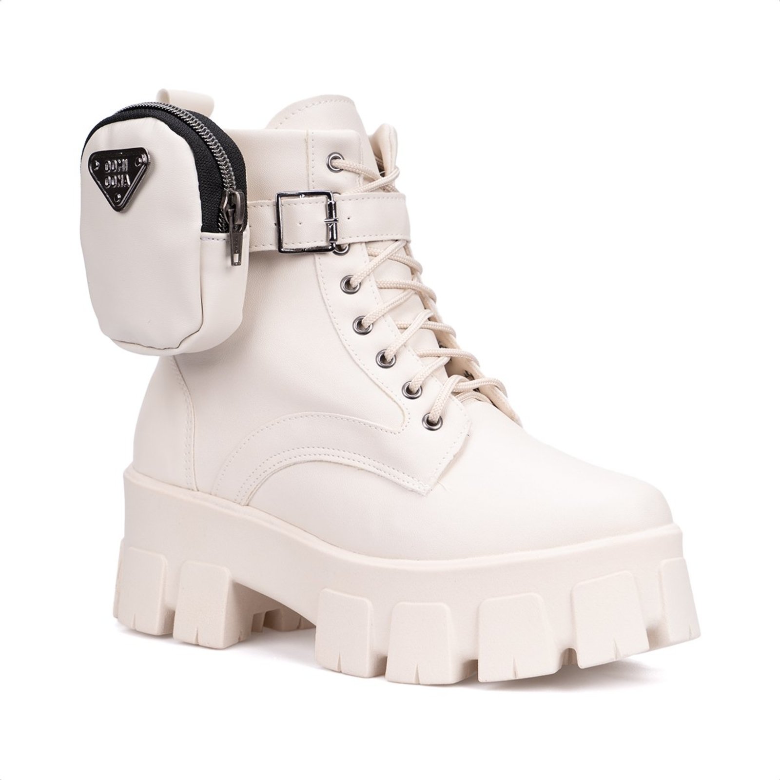 Vista 2 Coturno Com Bolsinha Domidona Feminino Tratorado Plataforma Off White off-white white Domidona off-white white