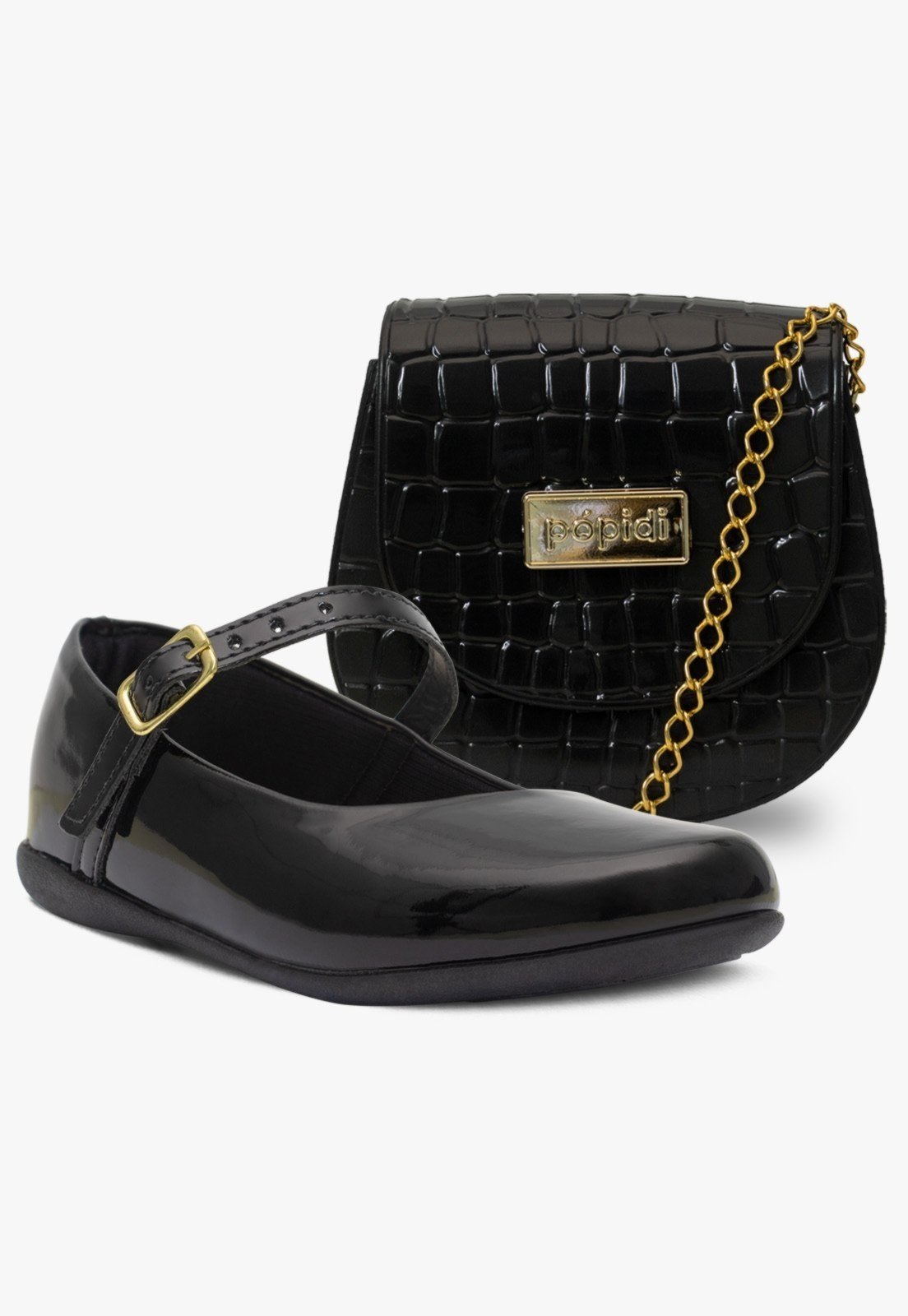 Infantil – Kit Bolsa e Sapatilha Feminina Rasteira Pópidi Preto
