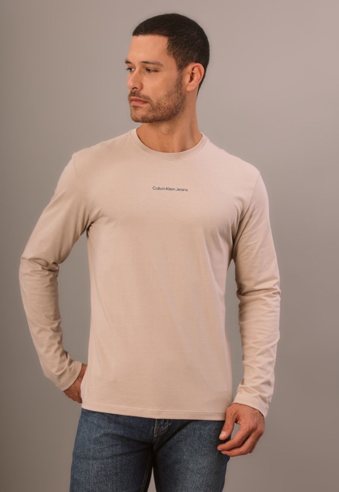 Camiseta Ml CKJ Masc Logo Centralizado Caqui Claro