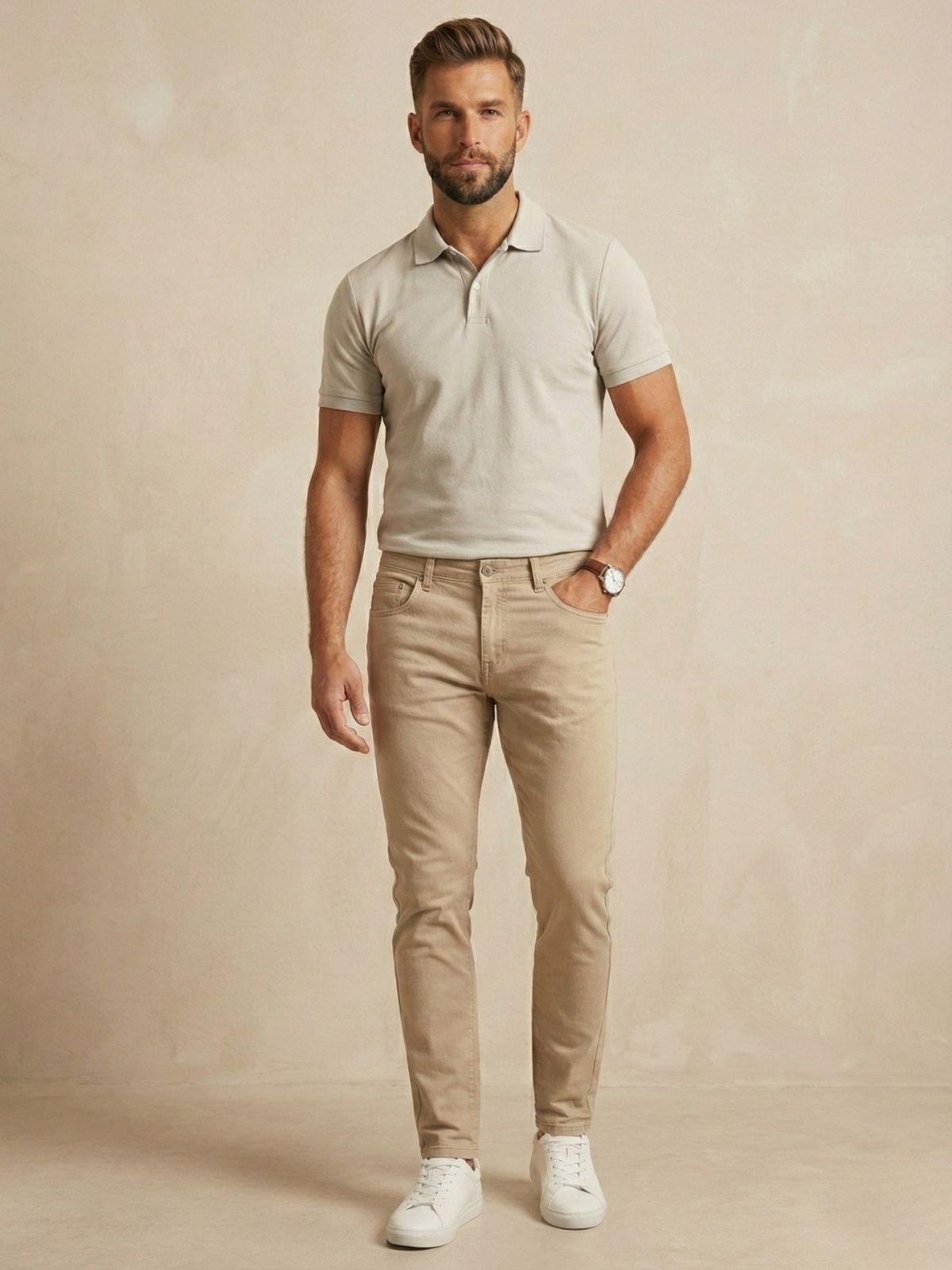 Calça Sarja Masculina Kovali Premium Com Elastano Confortável Bege