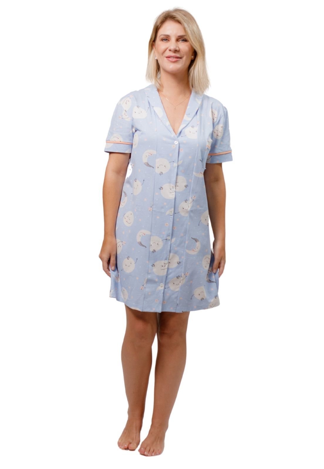 Camisola Algodão Feminina Americana Manga Curta com Botão Botões Adulto indicado Gestante Amamentação e Pós cirúgico – Lua Azul