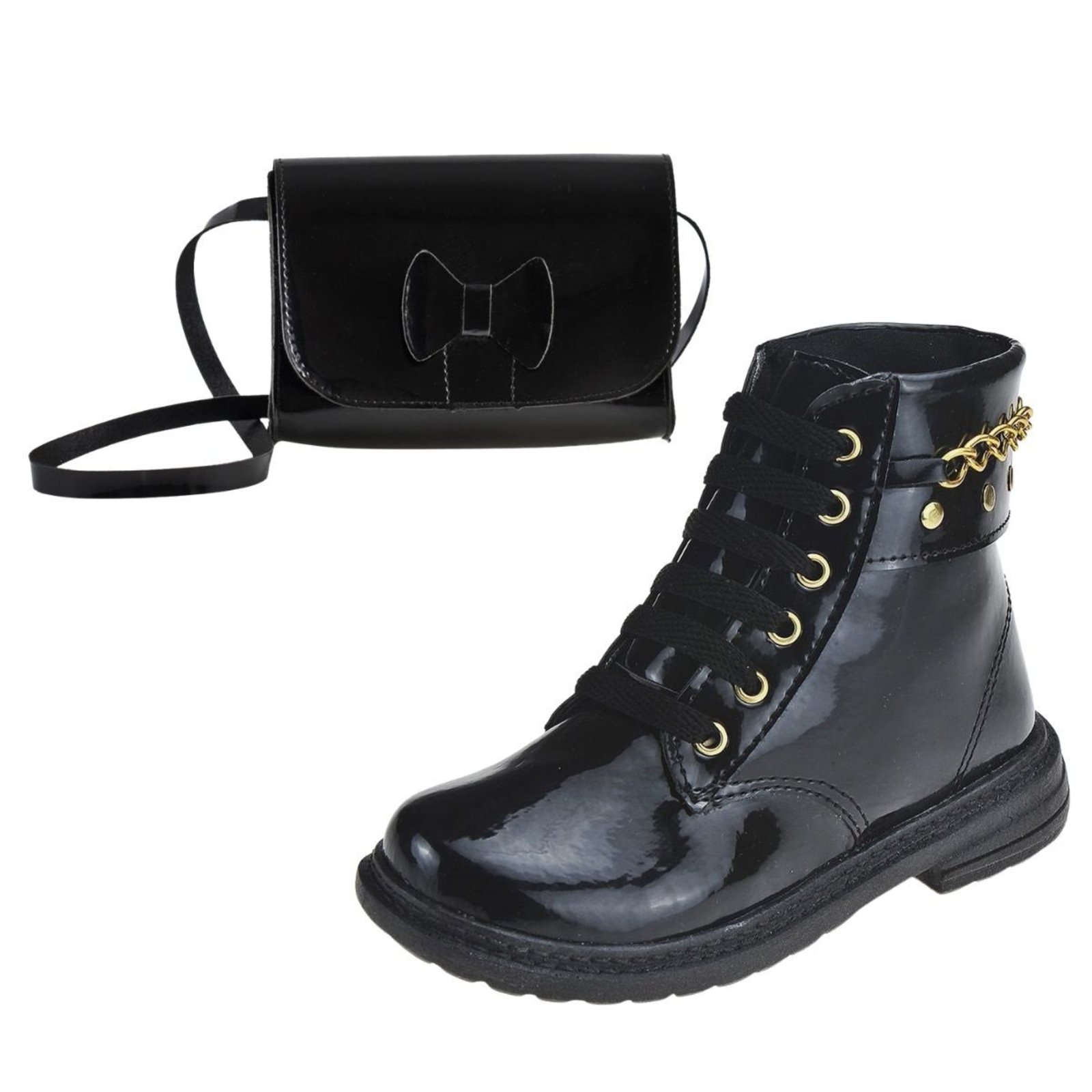 Infantil - Kit Bota Coturno Menina Verniz Preto Cano Médio Leve e Confortável com Bolsinha de Ombro Delicada Moda Blogueira