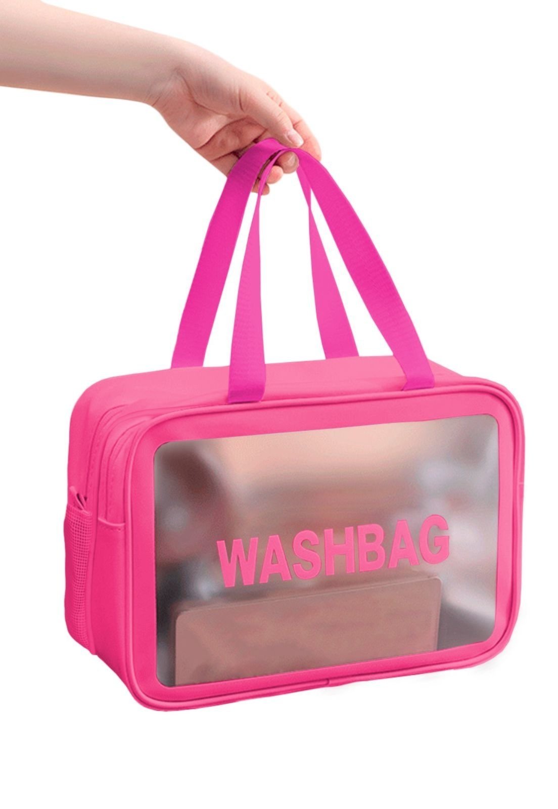 Bolsa Necessaire Feminina Para Viagem Organizador de Mala Gavetas Com Alça de Mão Transparente Semi Impermévael 2 Bolsos Rosa