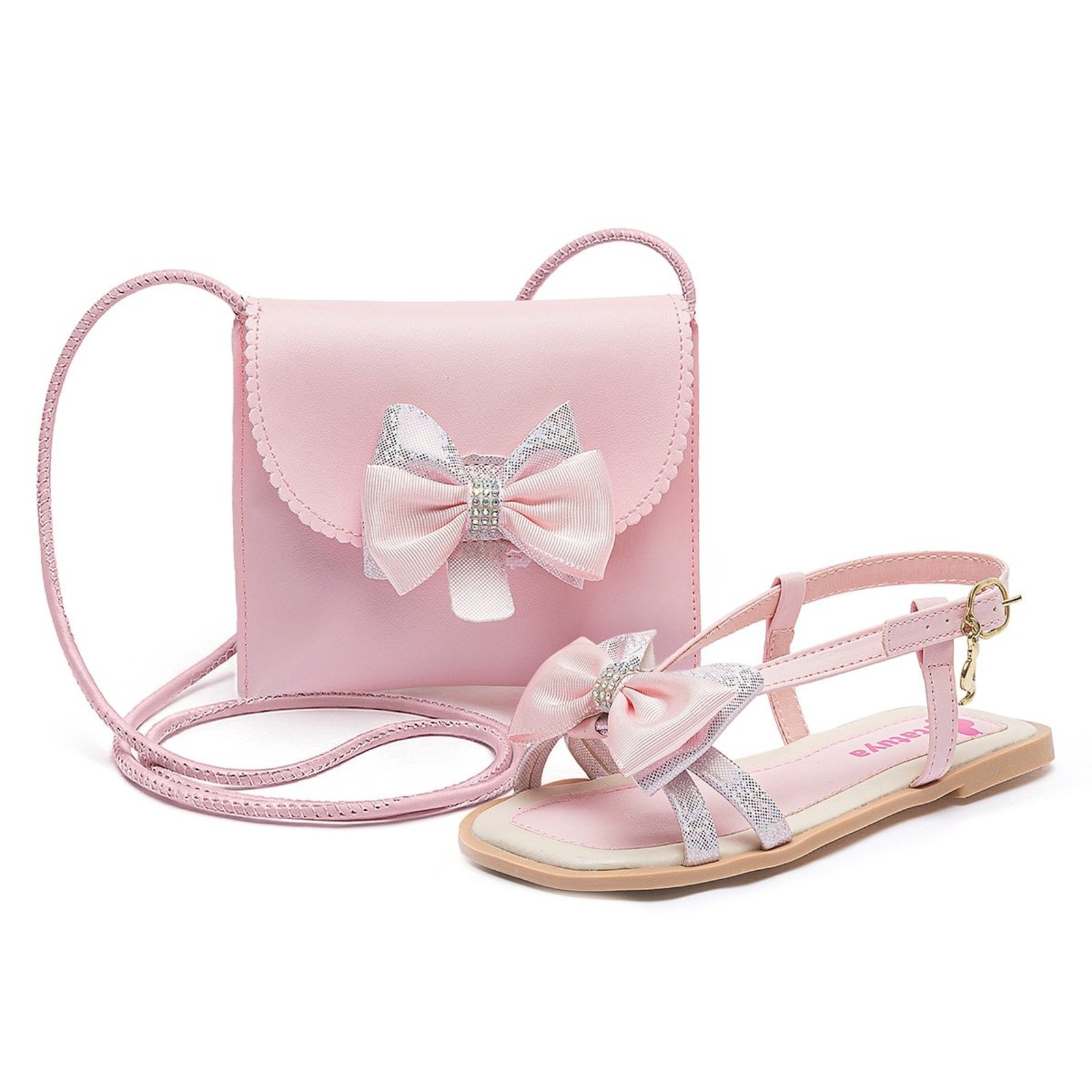 Infantil - Kit Sandália Rasteirinha Feminina com Bolsa Rosa Laço Brilho Mzkid