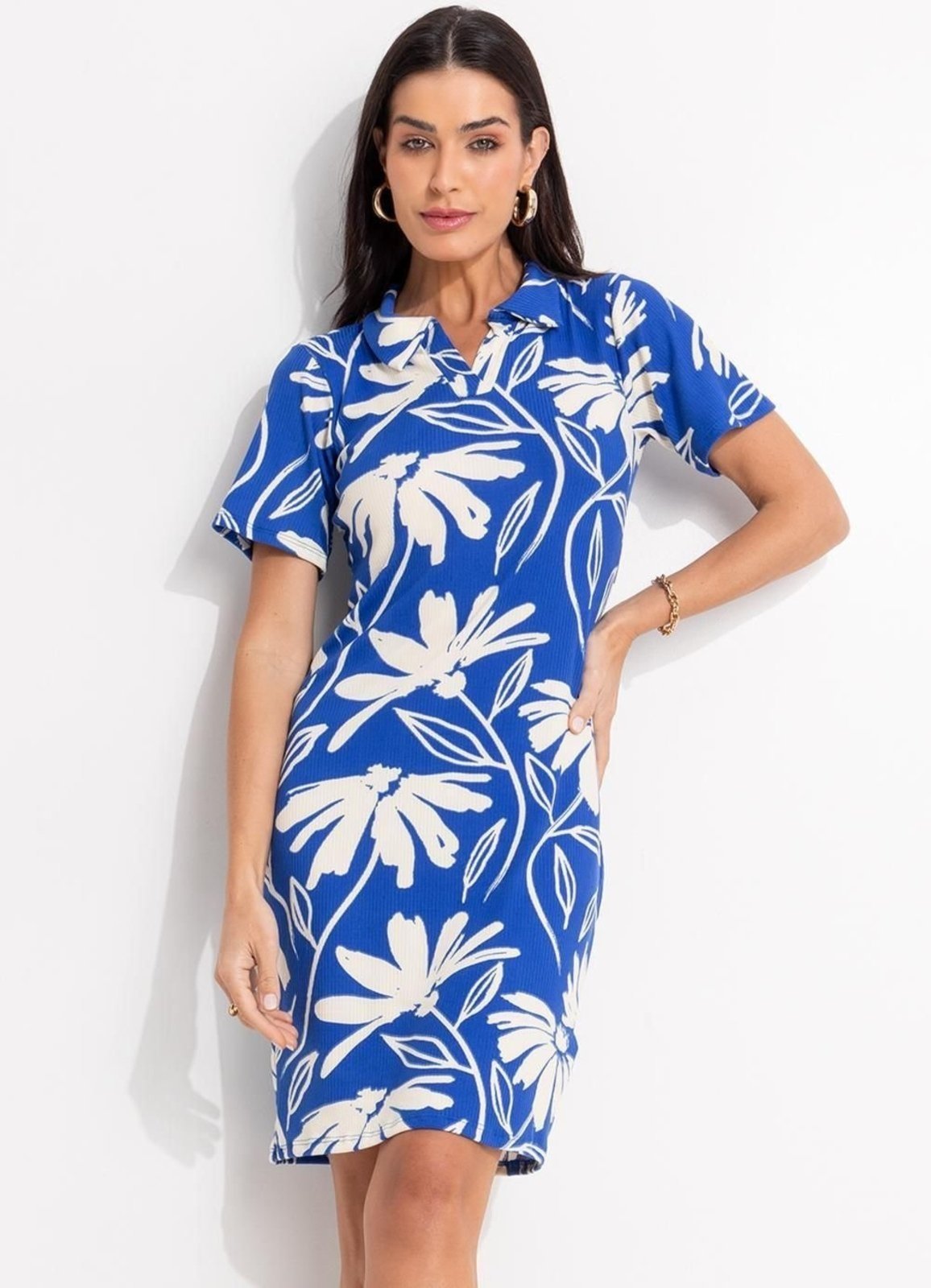 Vestido Em Canelado Floral Azul Quintess