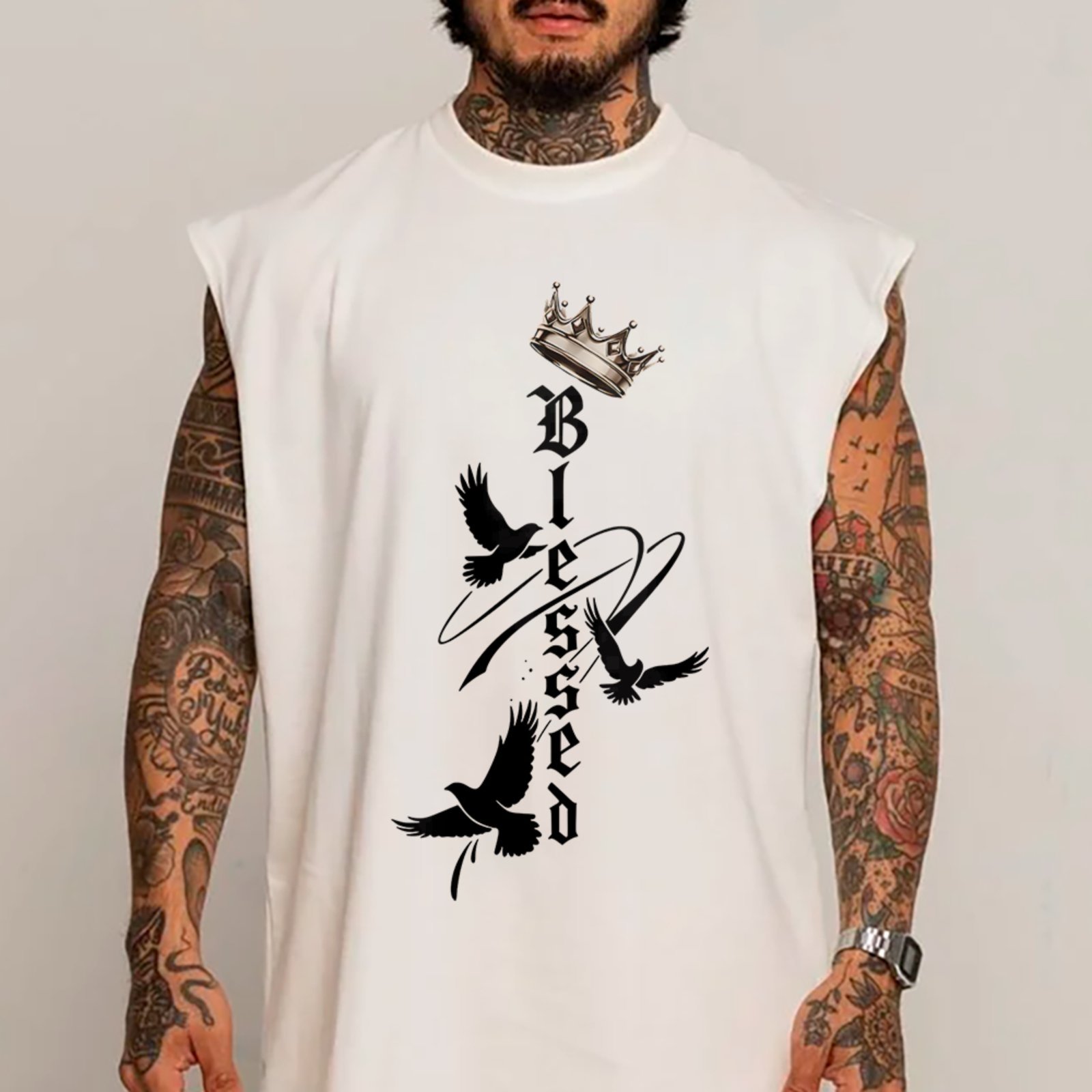Camiseta Regata Machão Religiosa Blessed Crown Dove Faith Street Style Branco