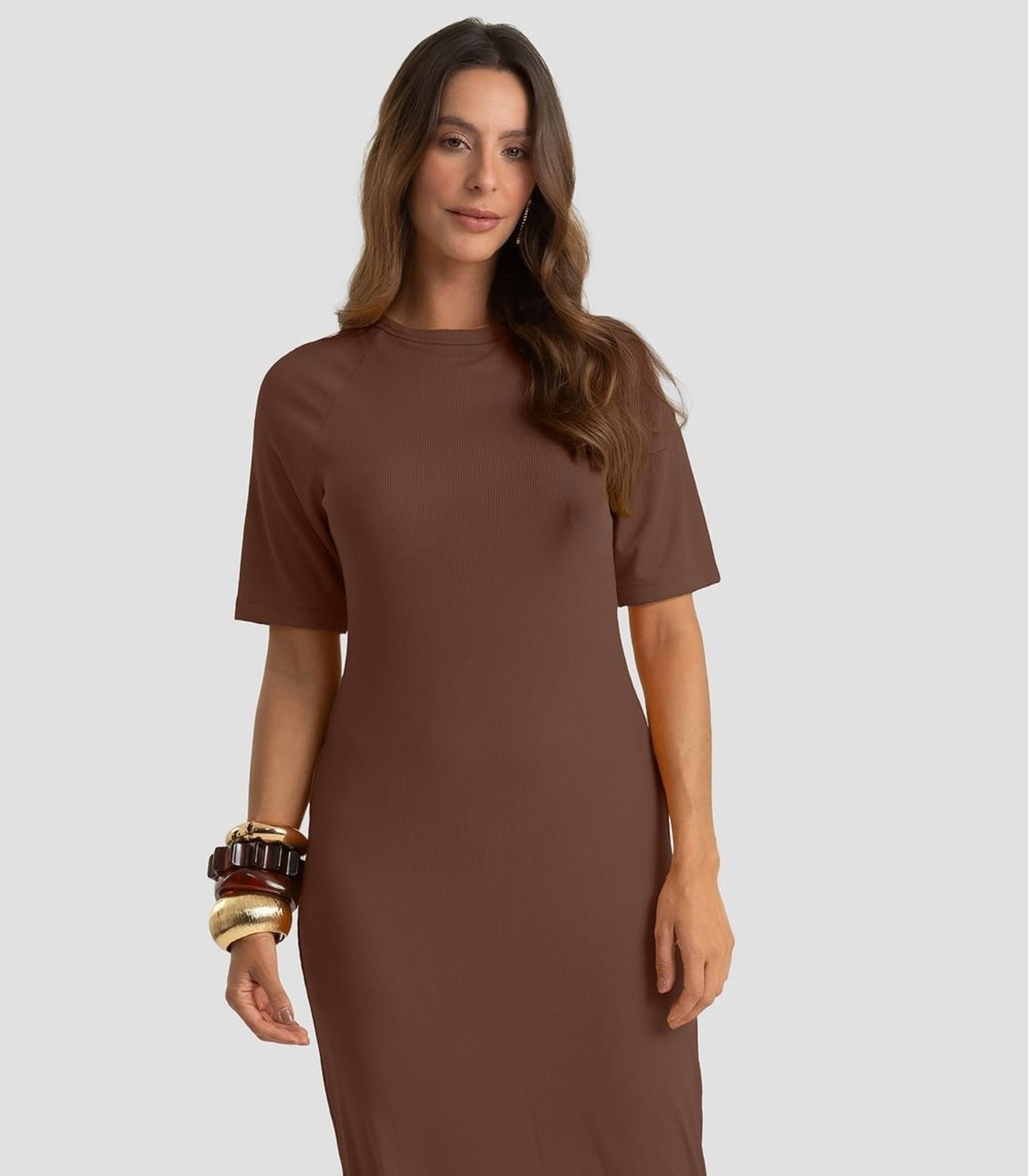 Vestido Midi Em Ribana Viscose Manga Raglan Dianna Marrom