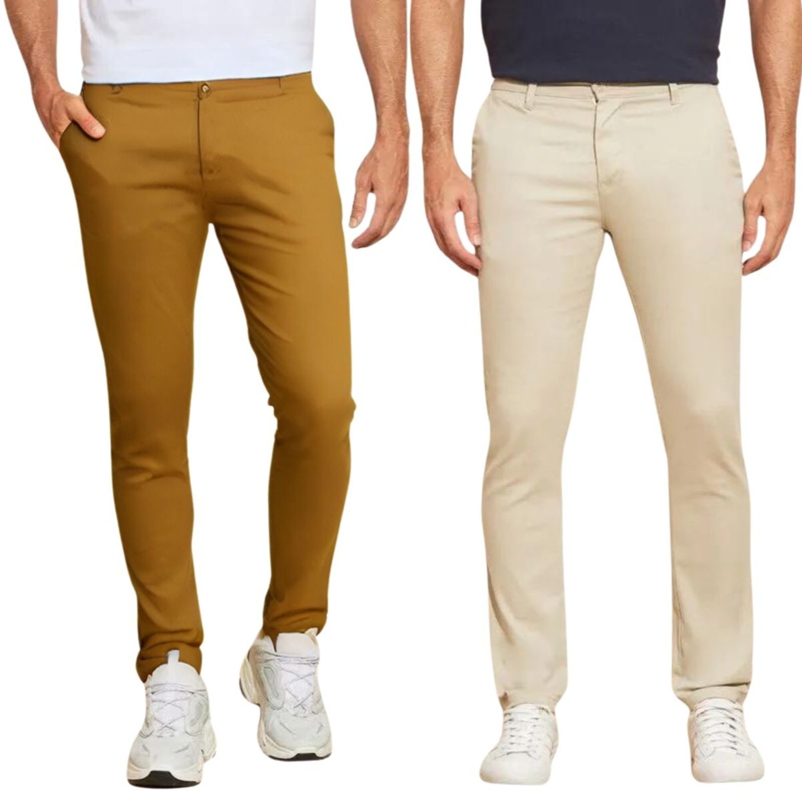 Kit 2 Calças FMF de Sarja Chino Com Bolso Traseiro Embutido Alfaiataria Skinny Caramelo e Areia