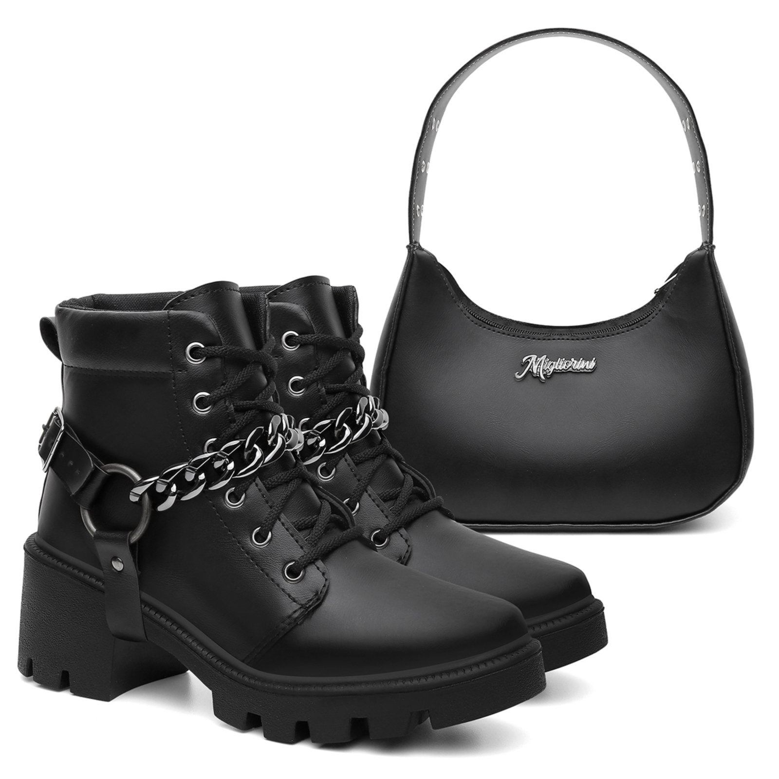 Bota Coturno Tratorado Preto Plataforma Blogueira Com Acessório Cabresto Removível E Bolsa Meia Lua Com Detalhes
