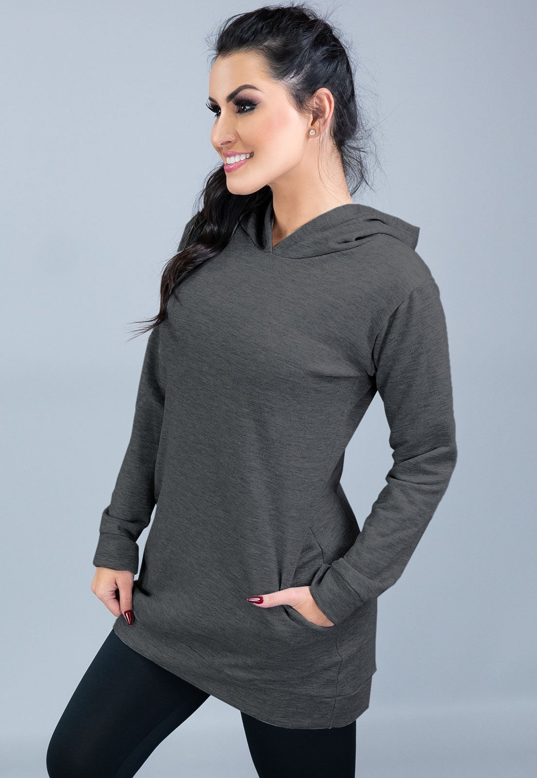 Casaco MVB Modas Manga Longa Feminino Moletom Flanelado Capuz Cinza