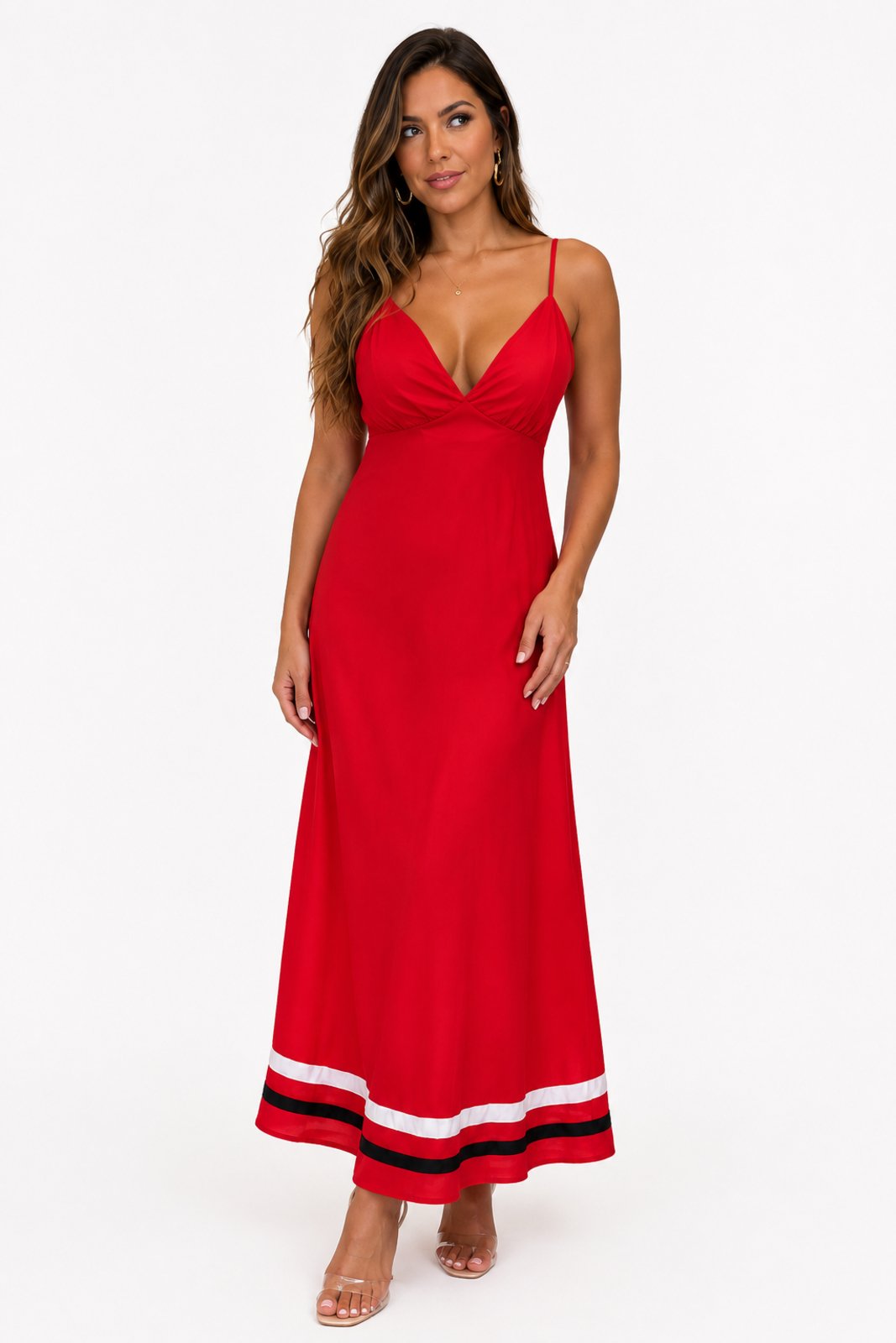 Vestido Longo Alça D Bell Outlet Fashion Vermelho Listras na Barra